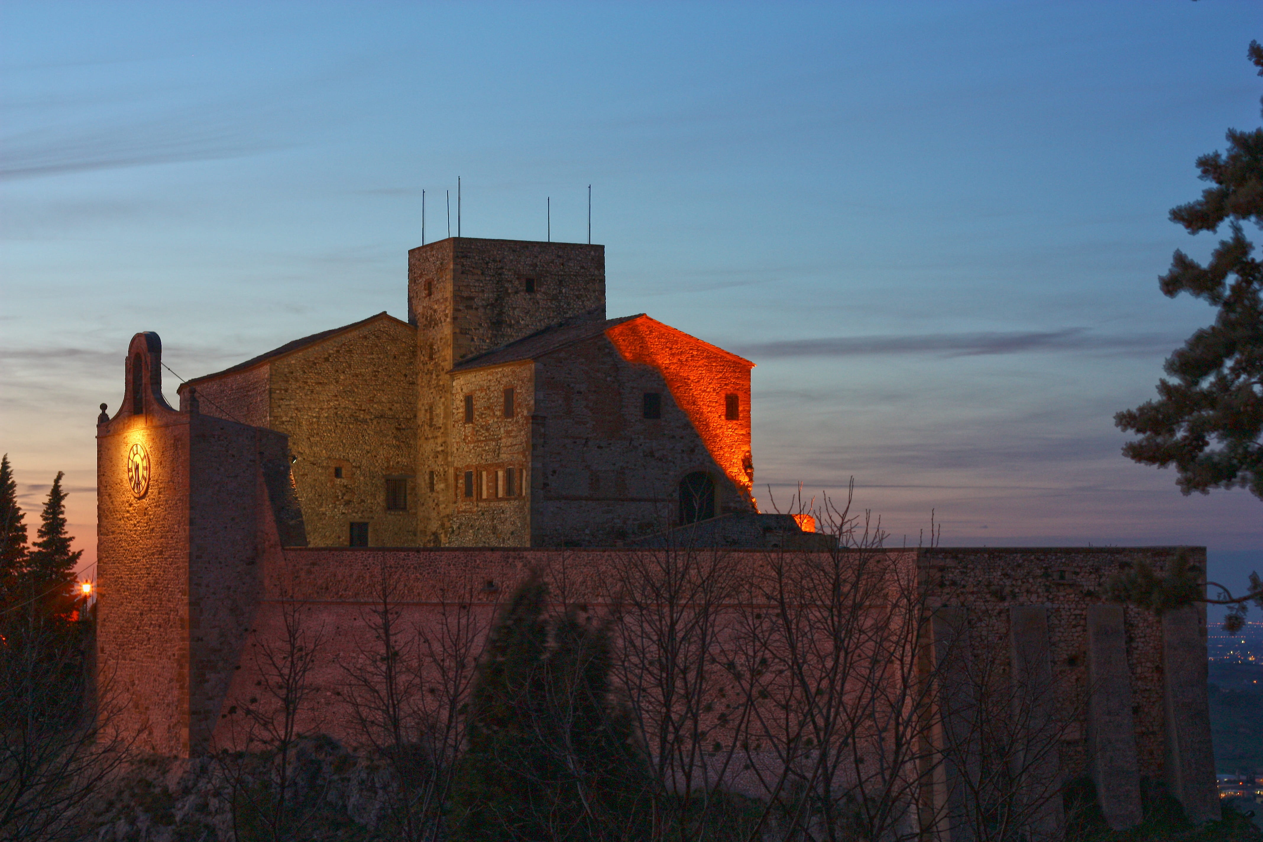 religion, belief, built structure, middle ages, hills, malatesta fortress, plant, hill, tranquility, rocks, sunset, marecchia, history, trees, tree, place of worship, HD Wallpaper