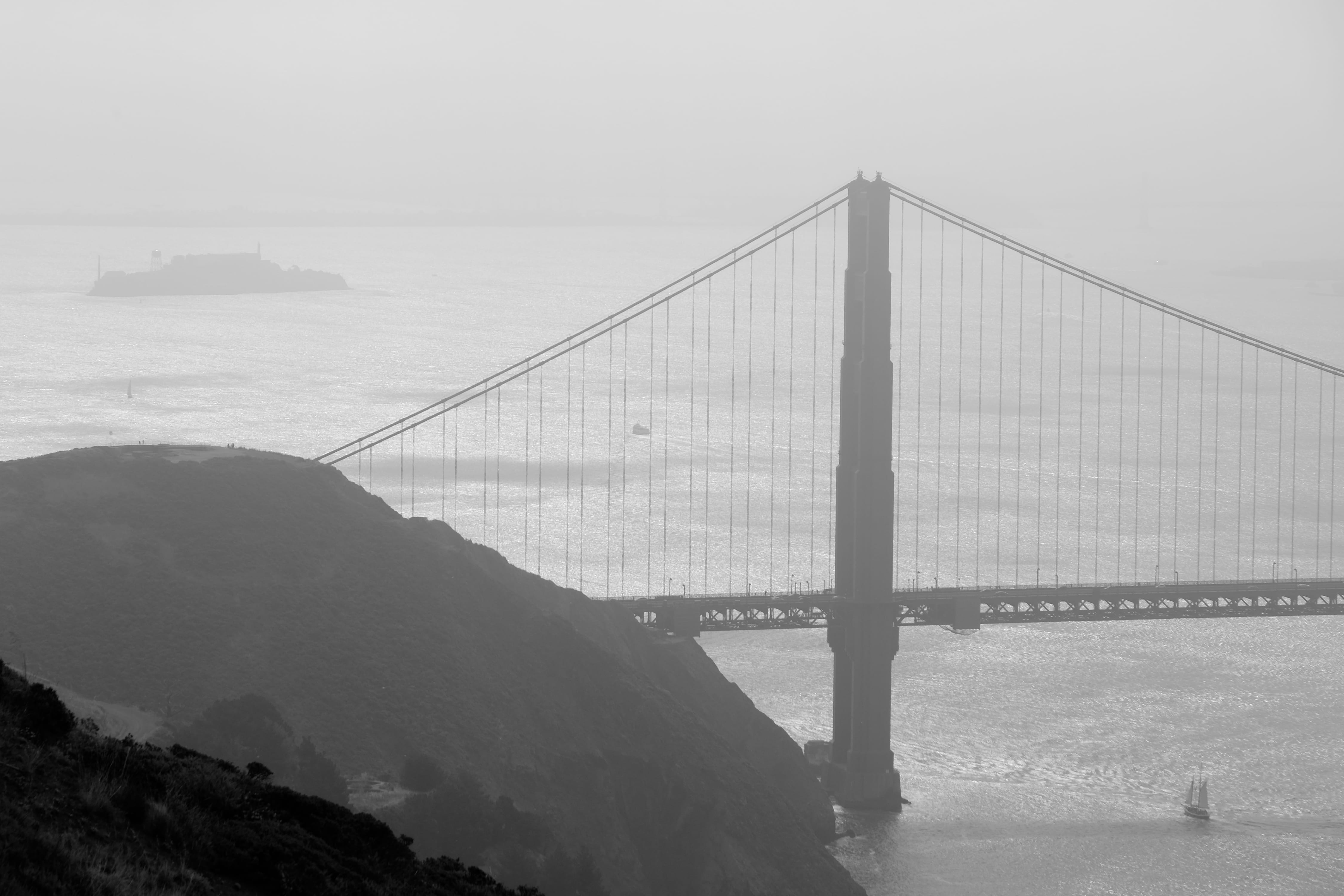 outdoors, nature, 4K, black and white, bridge - man made structure, golden gate, viaggi, winter, architecture, built structure, engineering, tourism, sky, HD Wallpaper