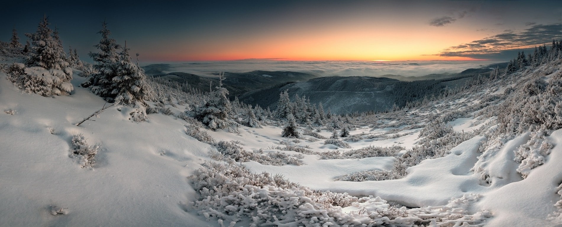 nature, hills, 720P, winter, trees, valley, landscape, clouds, snow, panoramas, HD Wallpaper