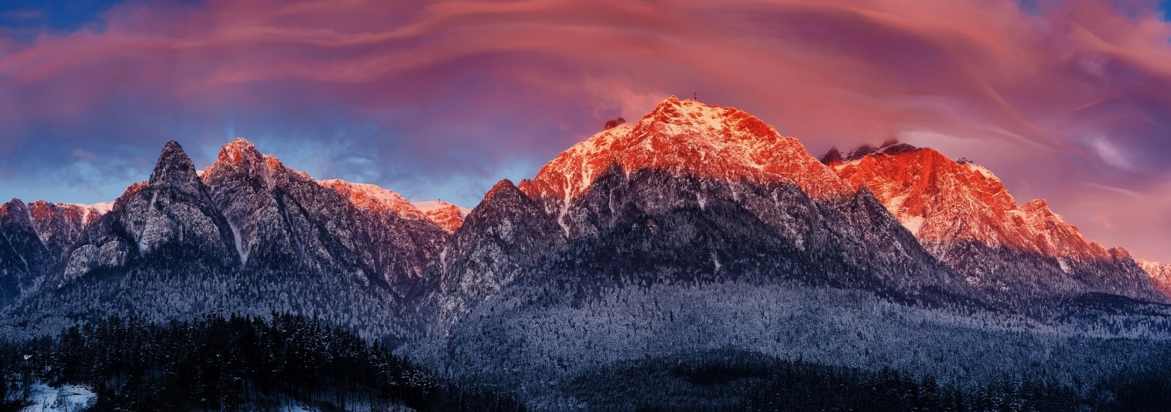 snow, panoramas, landscape, clouds, sunset, 1080P, forest, mountains, winter, nature, HD Wallpaper