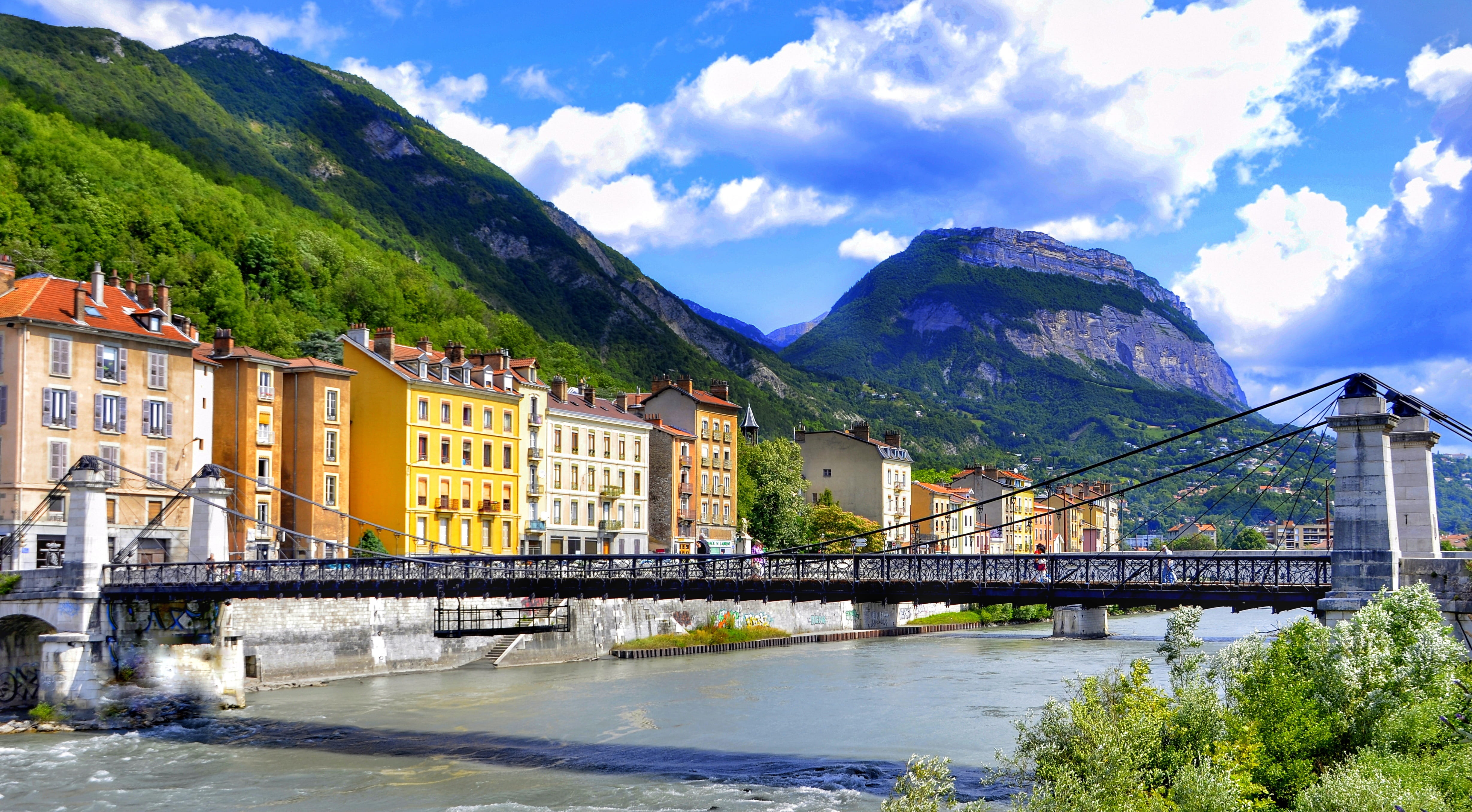 grenoble, 4K, scenics - nature, travel, winter sports, mountain, connection, panoramic, architecture, landscape, building, bridge - man made structure, HD Wallpaper