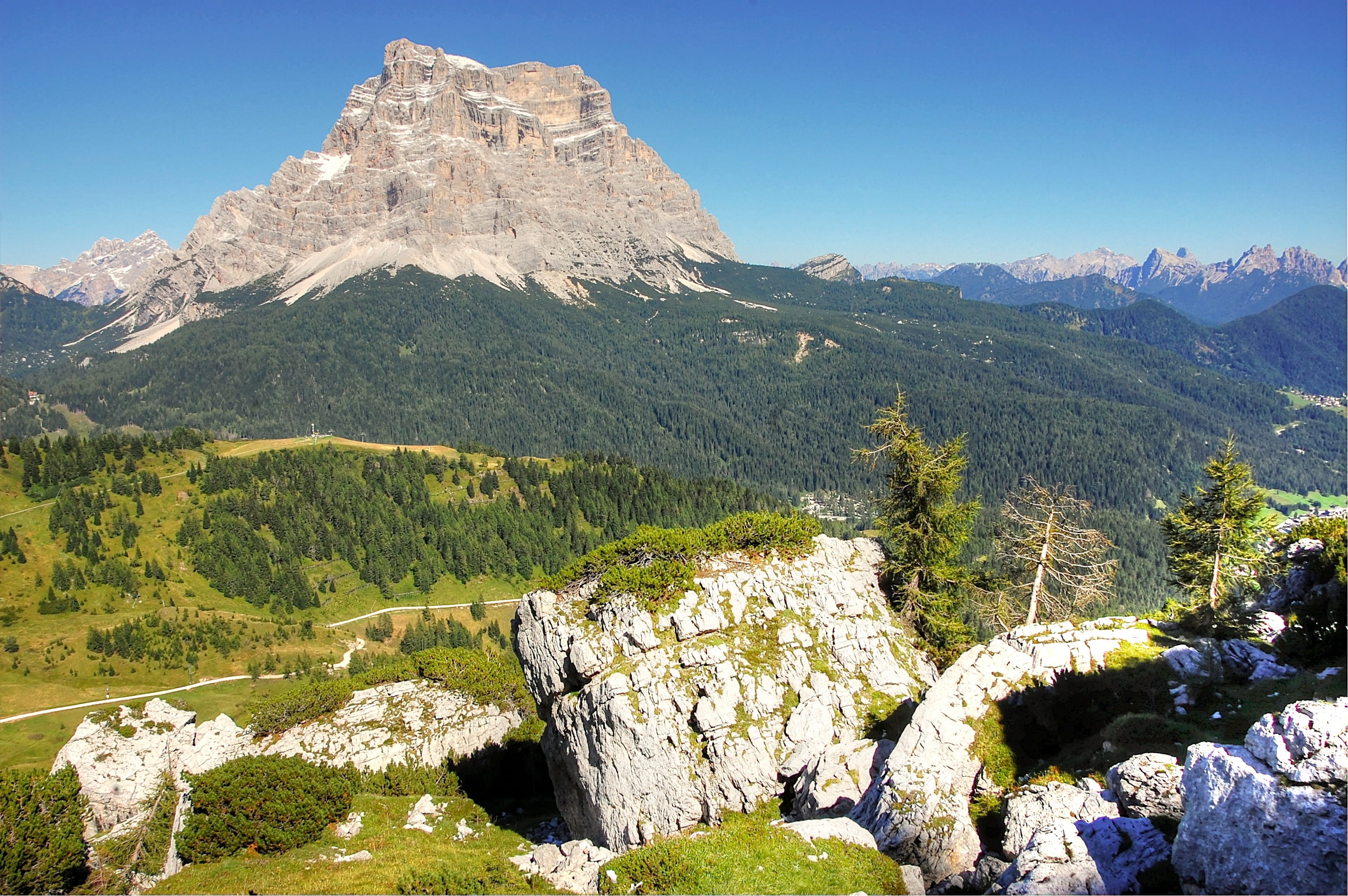 rock - object, landscape, alm, plant, belluno, beauty in nature, view, blue, valley, alpine, sky, italy, outdoors, day, environment, pine tree, mountain peak, HD Wallpaper