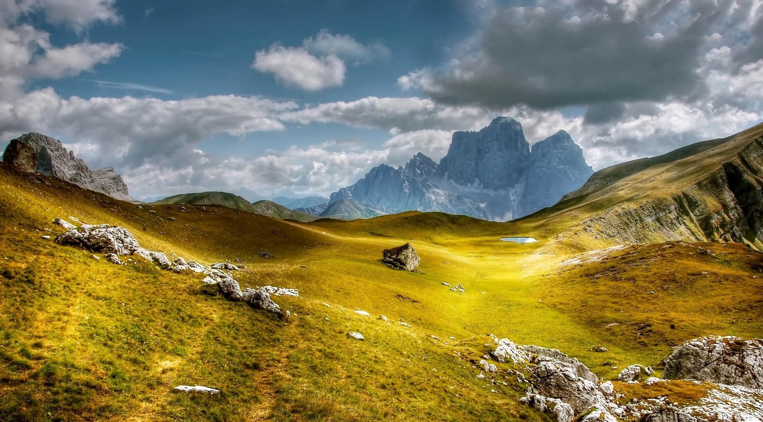 scenics, land, alpine panorama, monte pelmo, mountain hiking, alm, 2K, blue, mountain peak, daytime, green, hiking, sky, mountains, non-urban scene, trentino, HD Wallpaper