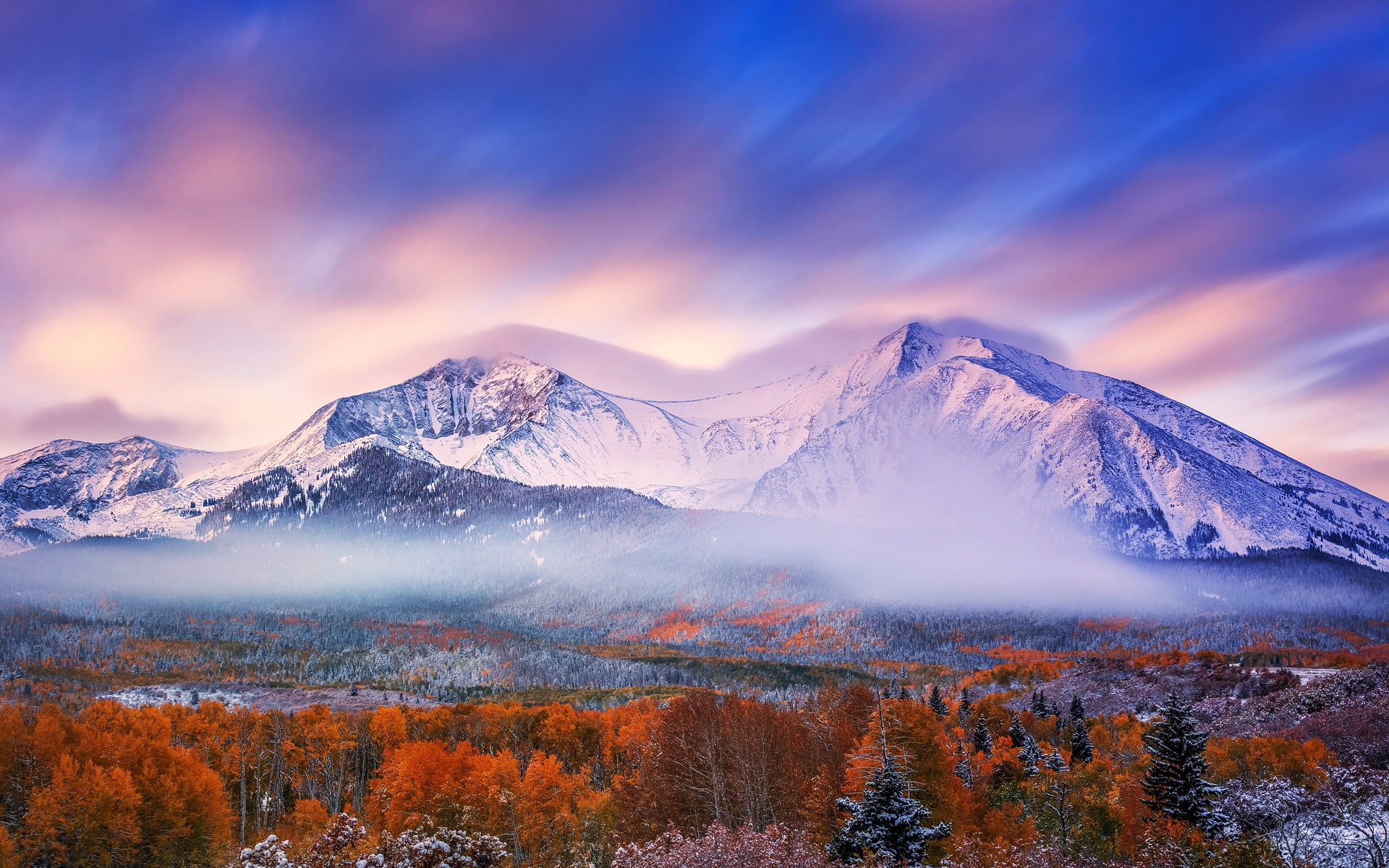 Forest, picture, Sky, Autumn, capped, mountan, Snow, 1080P, Morning, Mountains, HD Wallpaper