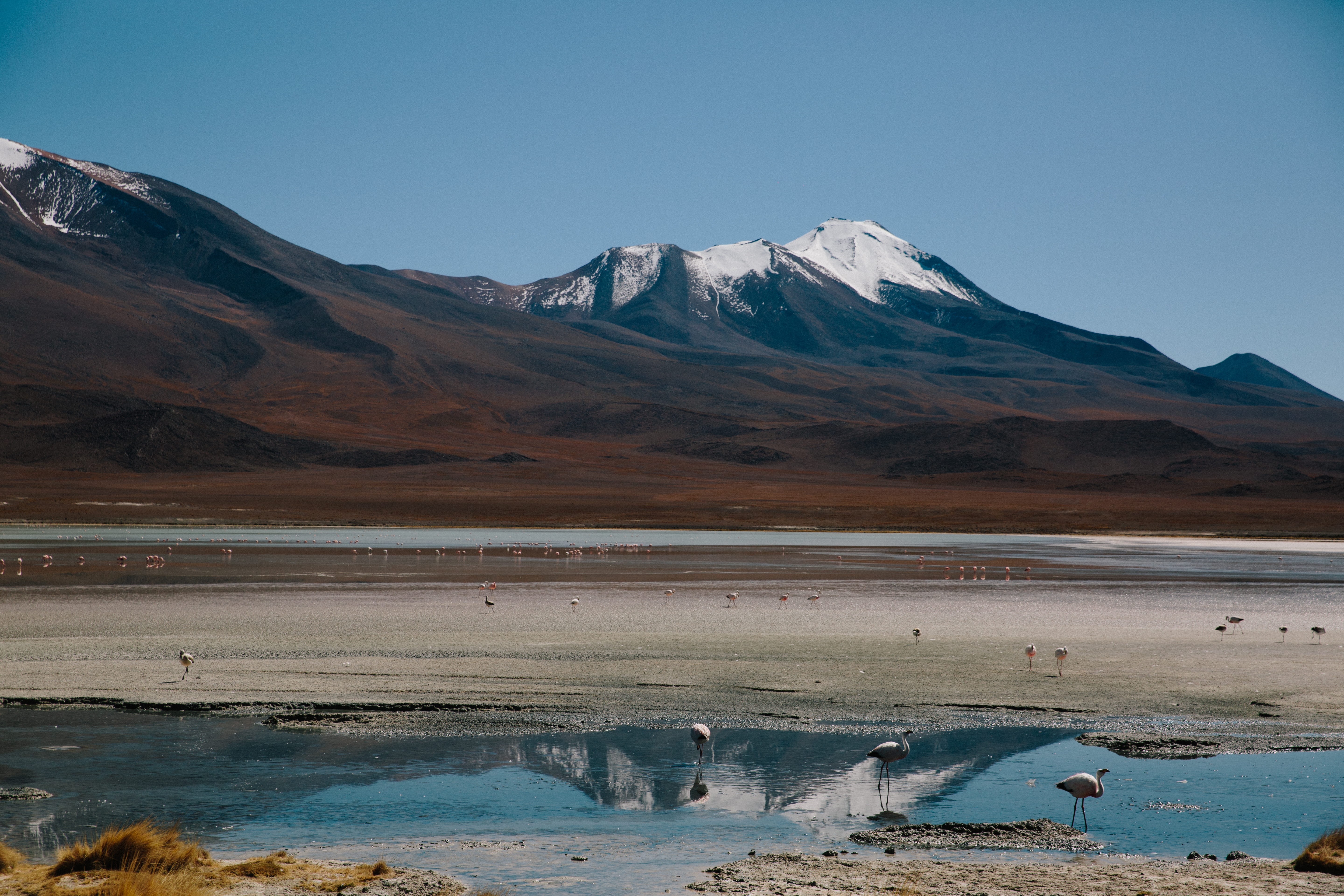 snowcapped mountain, snow, explore, water, beauty in nature, no people, nature, bolivia, lake, sky, landscape, mountain peak, lake reflection, clear sky, HD Wallpaper
