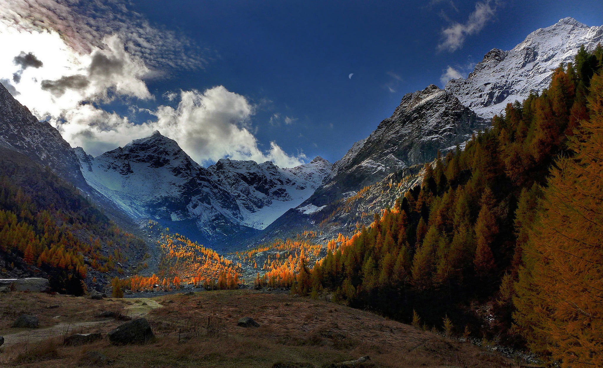 autumn, Italy, mountains, Chiesa in Valmalenco, Alps, 1080P, Lombardy, valley, trees, HD Wallpaper