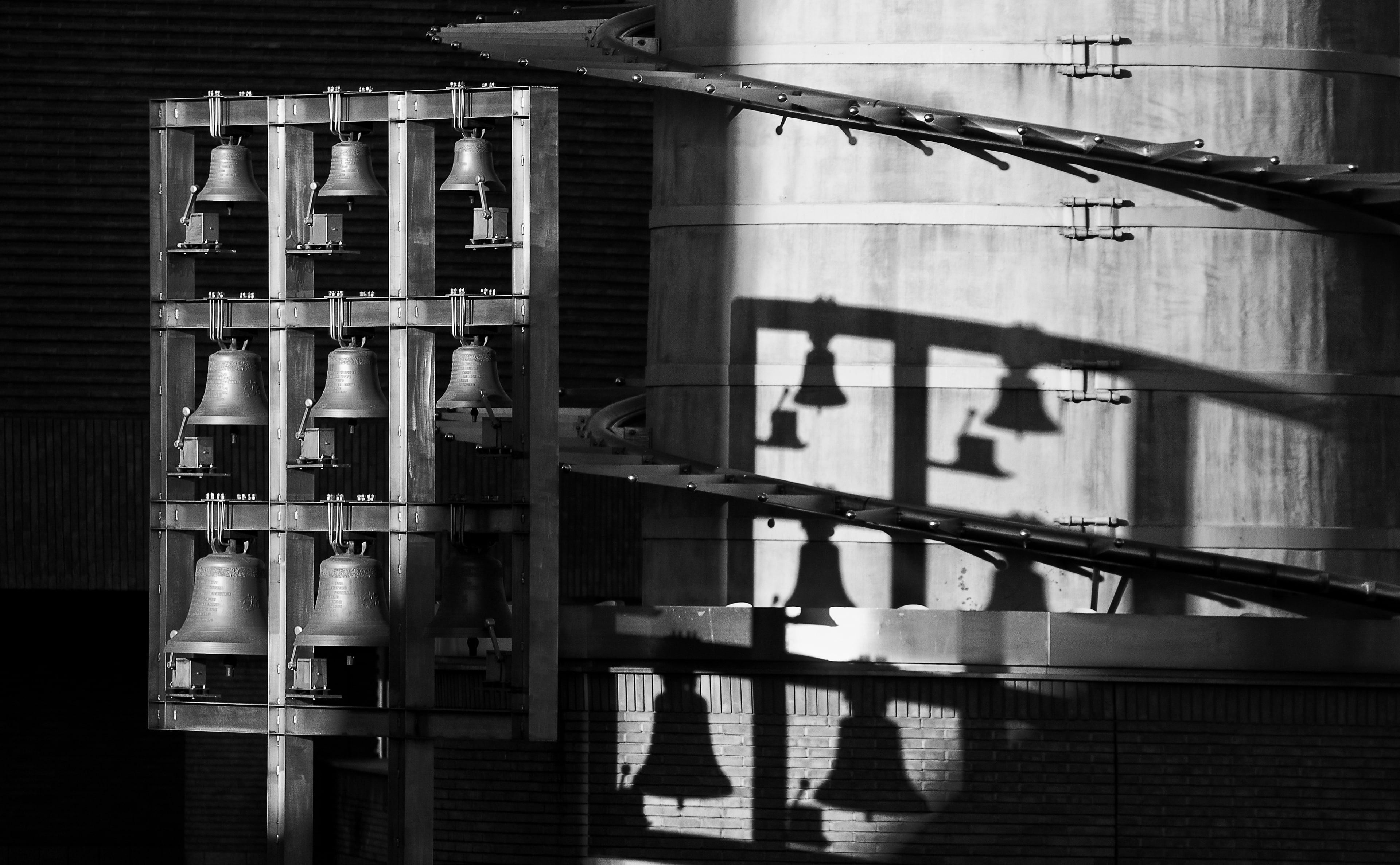 Bells, biancoenero, metal, Black, santo, sunlight, shadow, transportation, Italy, railing, wood - material, steps and staircases, chiesadelsantovolto, White, HD Wallpaper