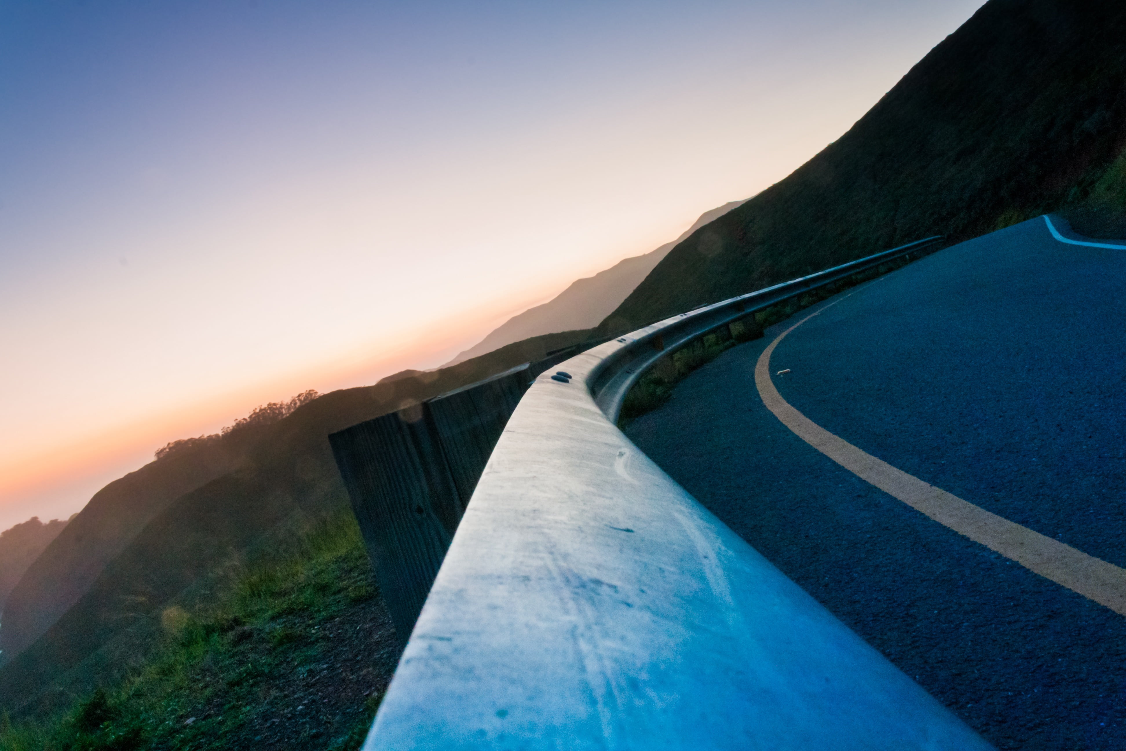 idyllic, mountain, nature, transportation, curve, environment, highway, sunset, dusk, tranquil scene, guard rail, scenics - nature, sky, tranquility, swimming pool, HD Wallpaper