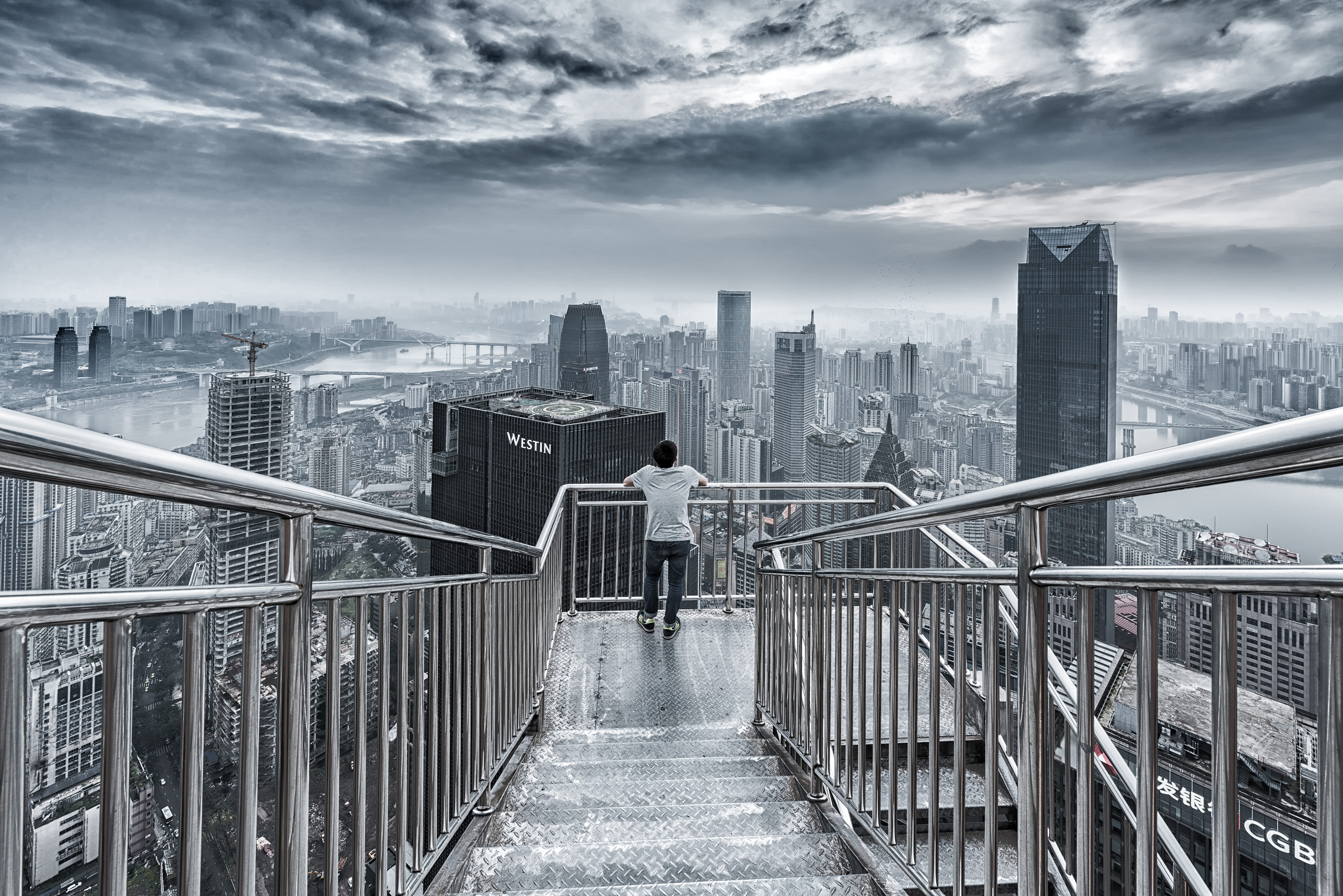 standing, urban skyline, hands, people, building, overlooking, bridge - man made structure, balustrade, city life, metal railing, travel destinations, person, HD Wallpaper