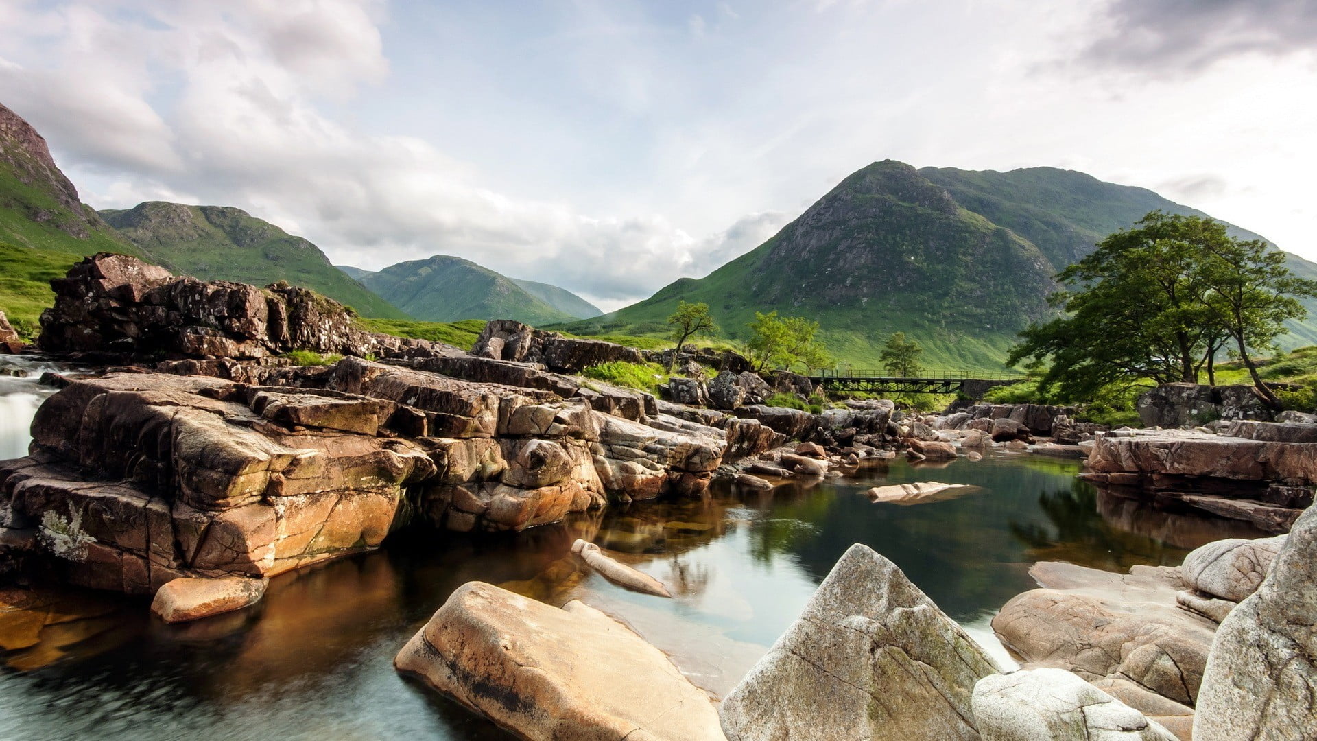 eroded, montain, sky, bridge, river, tranquil scene, flowing water, flowing, landscape, hills, day, non-urban scene, cloud - sky, mountain, solid, tree, HD Wallpaper