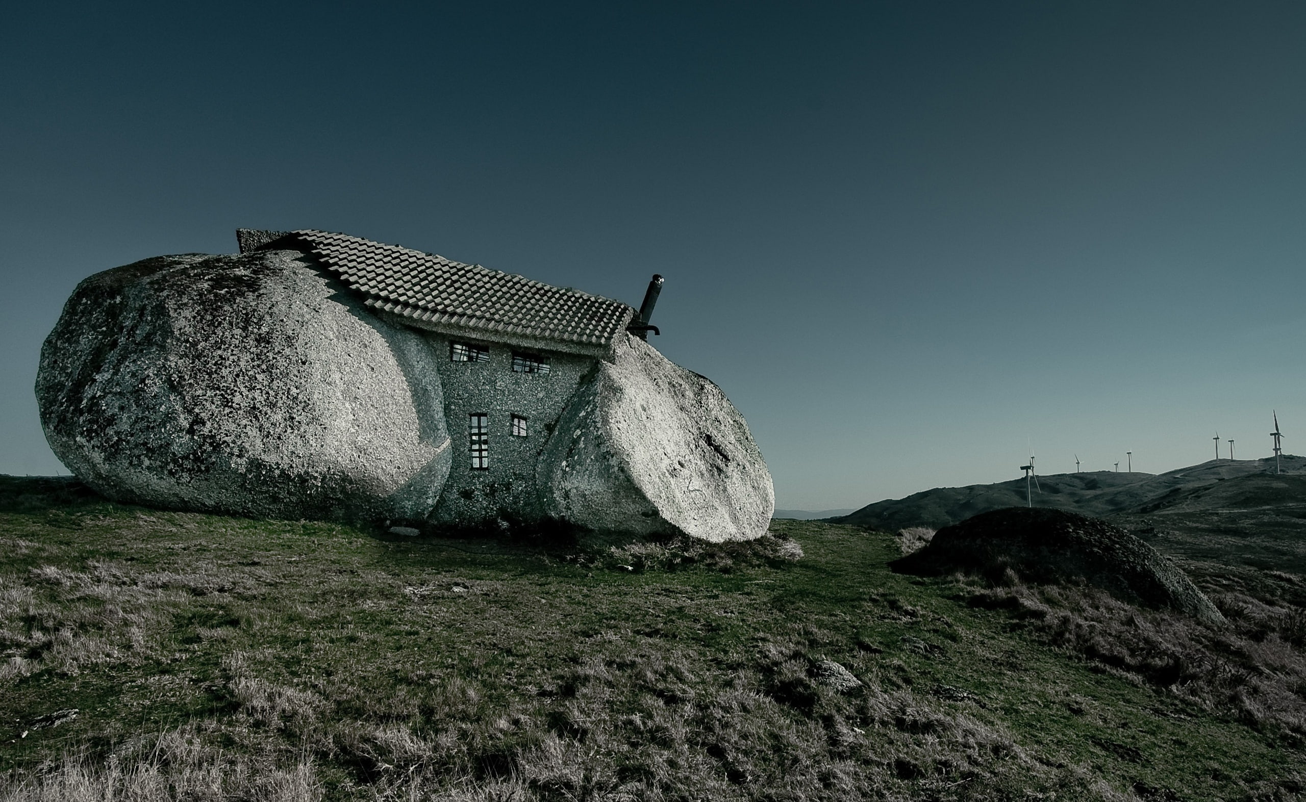 copy space, built structure, beauty in nature, mountains, nature, Portugal, outdoors, clear sky, House, solid, gray, field, Europe, tranquility, fafe, Stone, HD Wallpaper