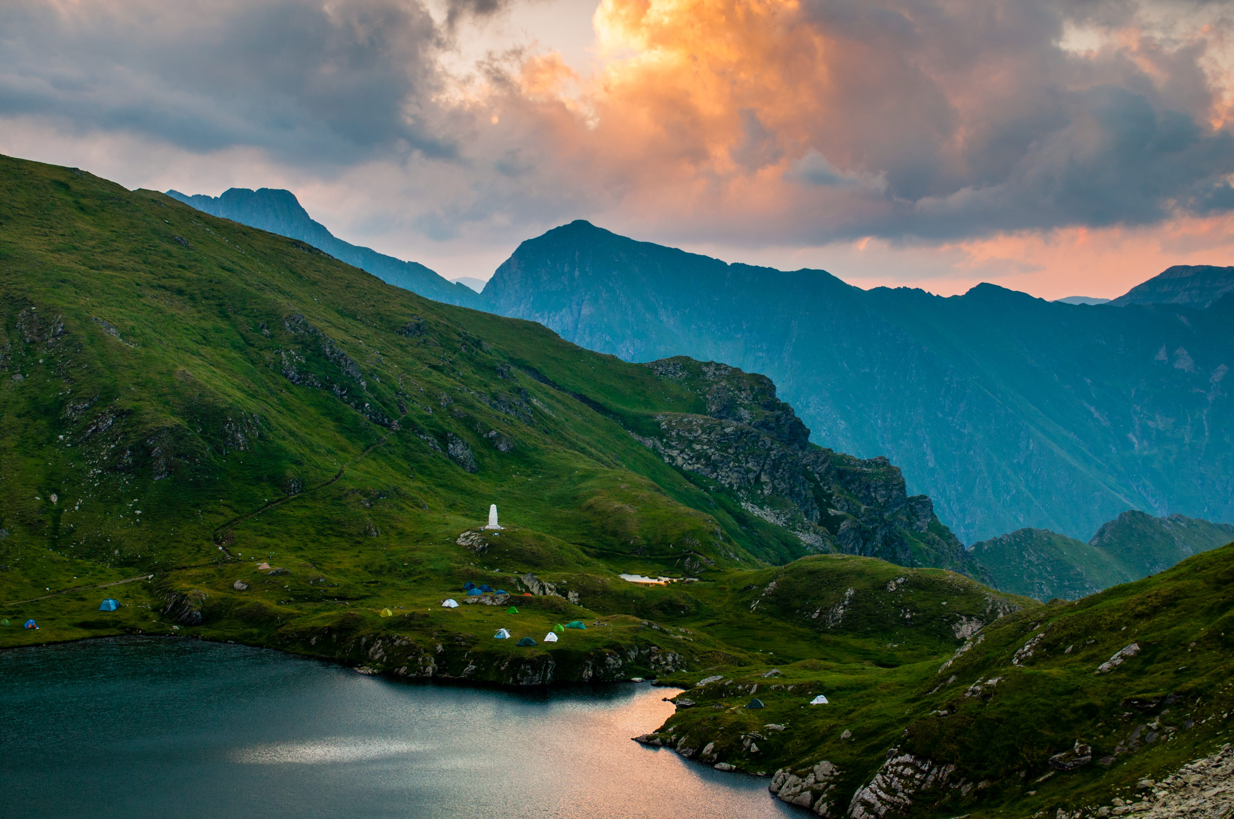 sunset, scenics - nature, tent, cloud, light, outdoors, environment, land, plant, camping, montain, mountain range, green color, landscape, no people, tranquil scene, HD Wallpaper