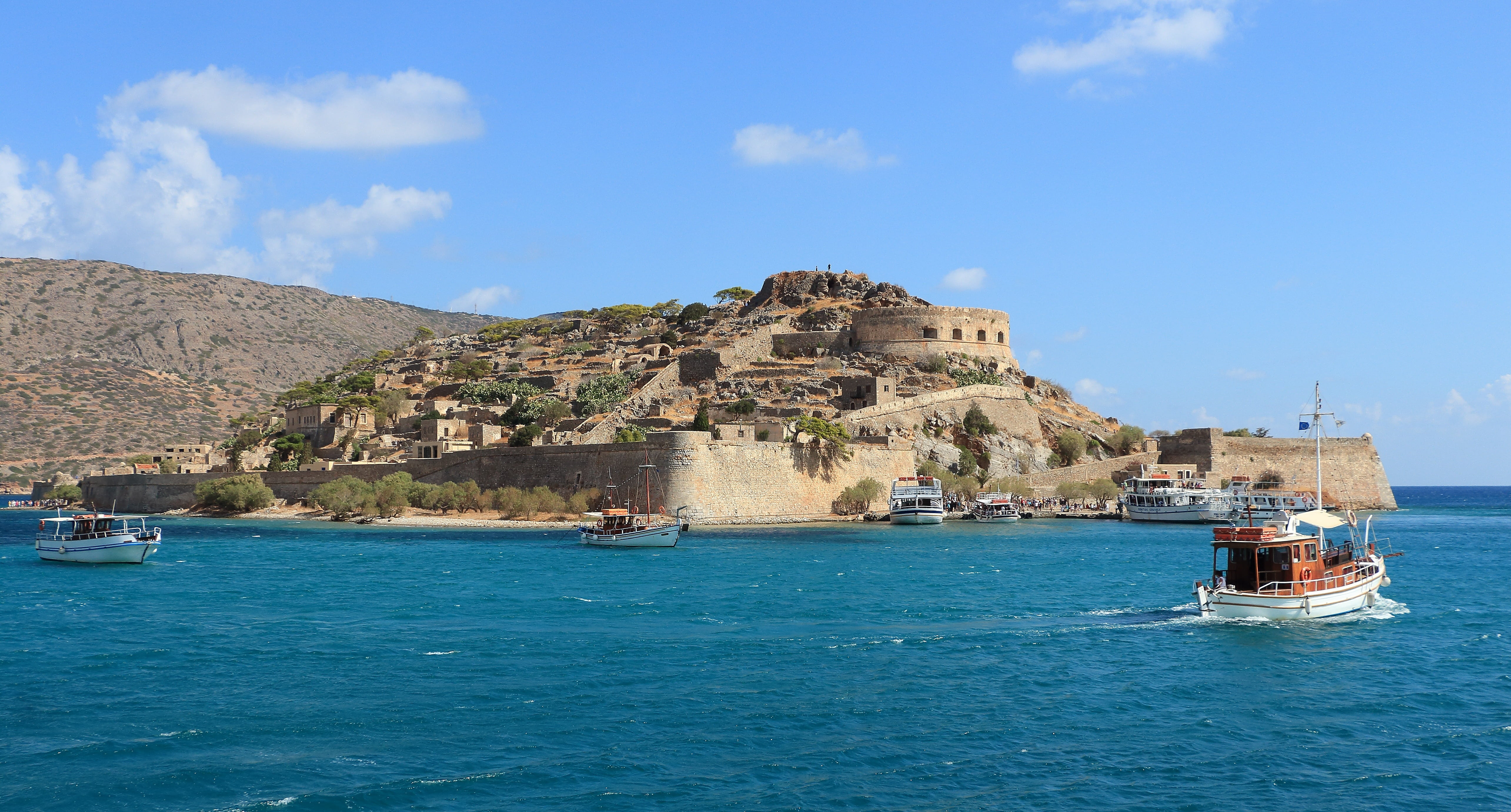 greece, booked, passenger craft, building, montain, transportation, travel destinations, land, sea, mode of transportation, island, brown, waterfront, nature, HD Wallpaper