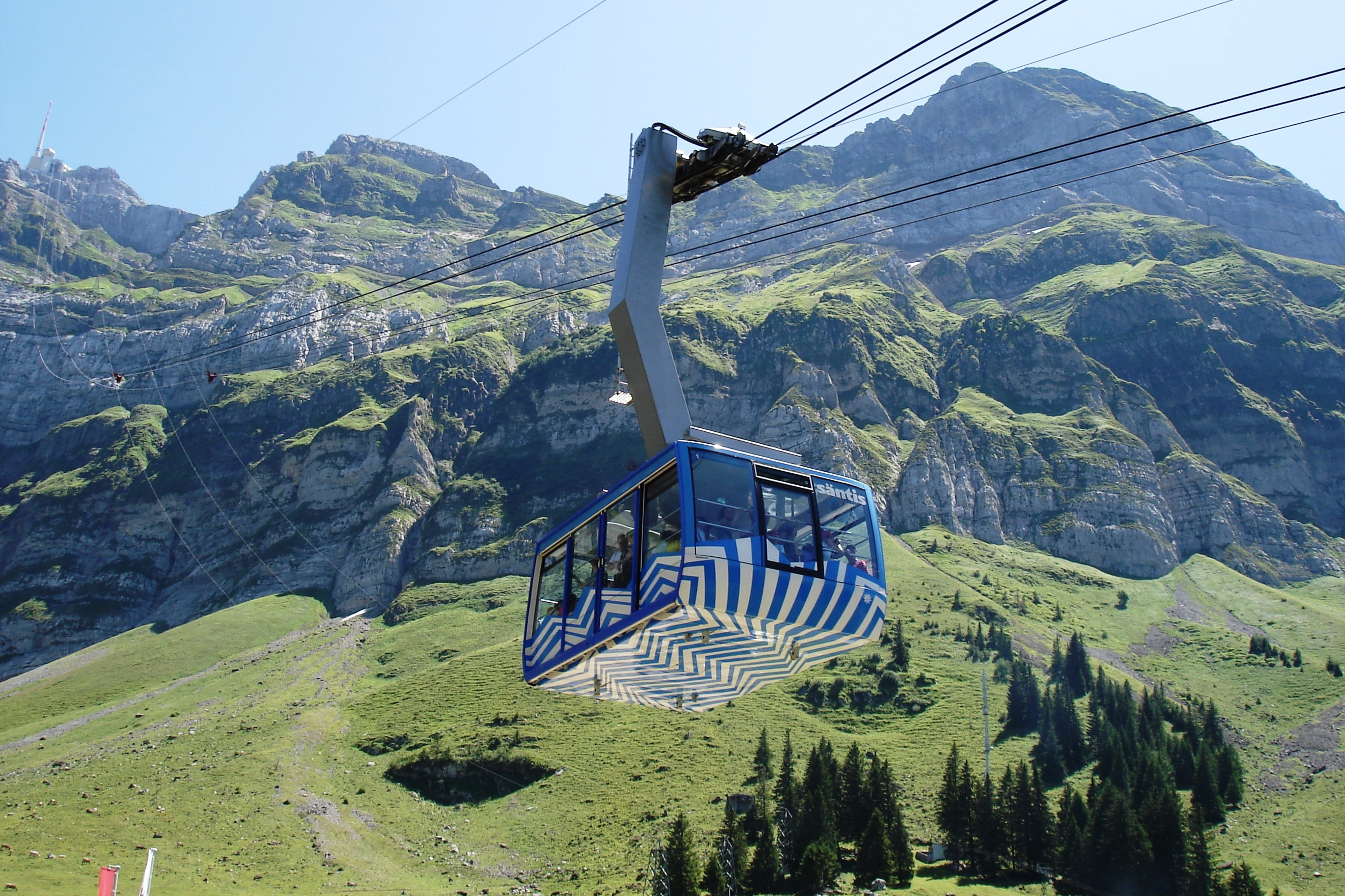 mountain range, tree, nature, mountains, 5K, holiday, top, säntis, green color, mountain, overhead cable car, gondola, ski lift, cable, non-urban scene, HD Wallpaper