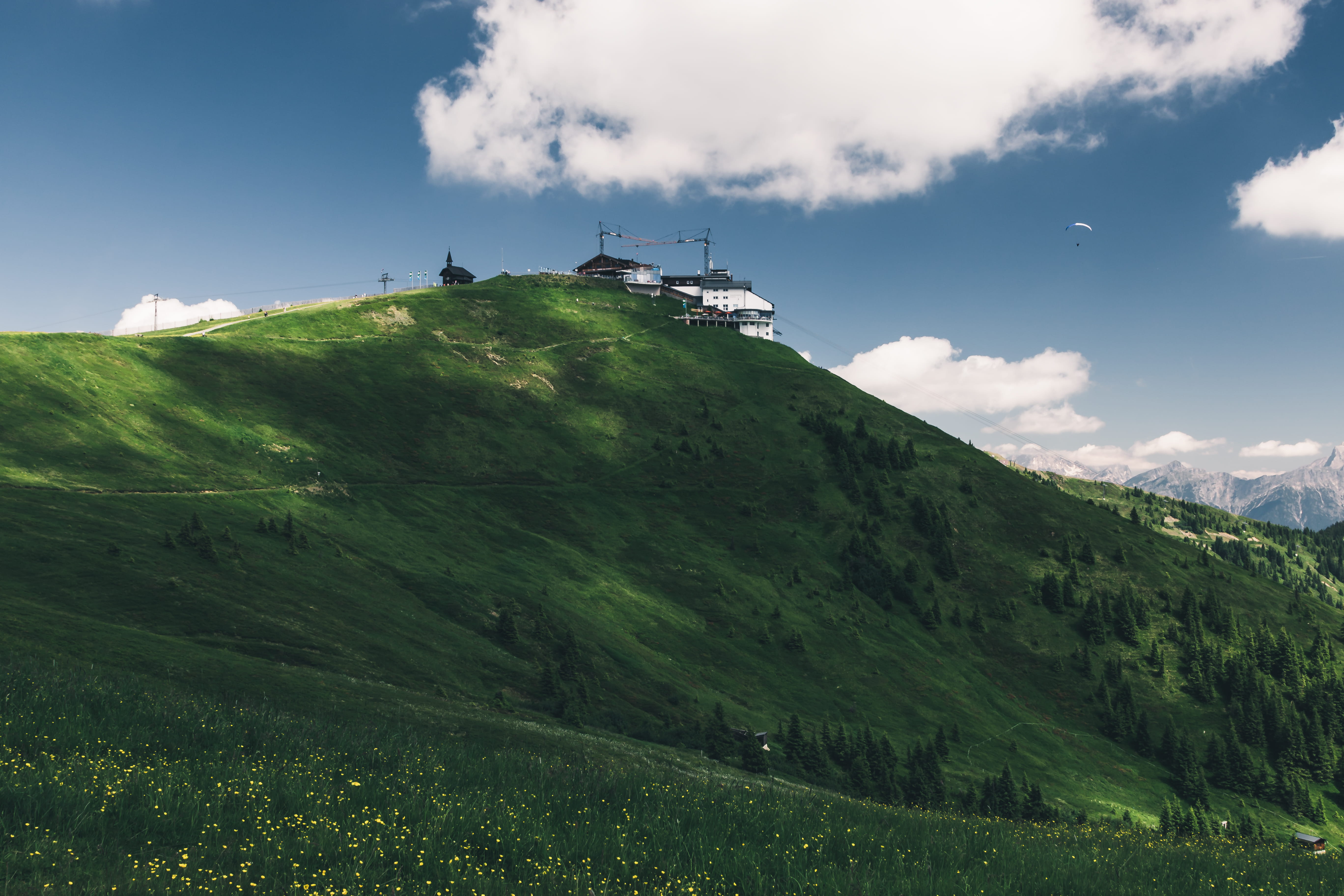 no people, reservoir, forest, hiking, schmittenhöhebahn top station 2000m, religion, austria, glacier, sky, landscape, paragliding, building exterior, green color, HD Wallpaper