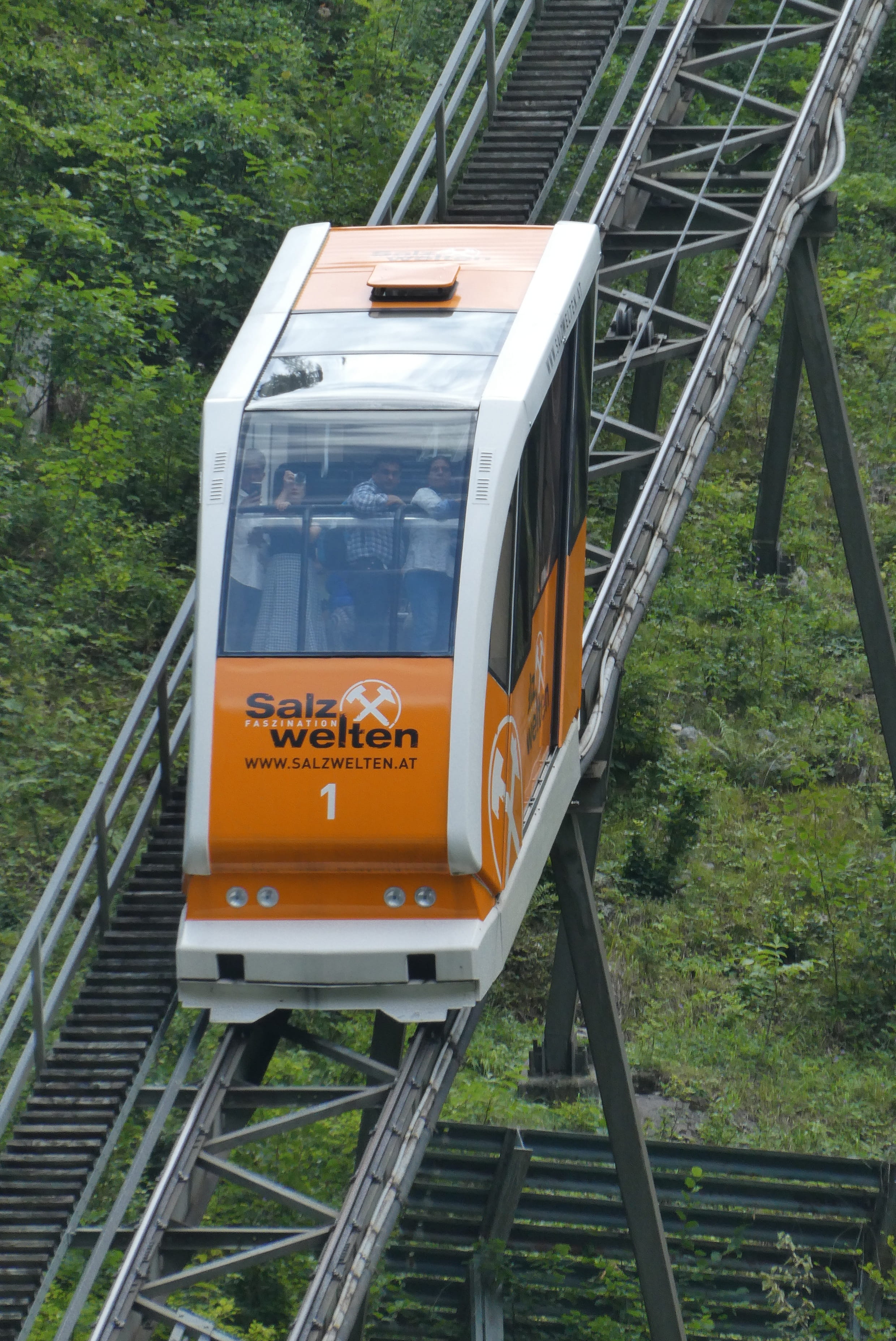 train, rail transportation, railing, plant, train - vehicle, cableway, 2K, day, austria, gondola, orange color, salzkammergut, nature, architecture, transportation, Phone HD Wallpaper