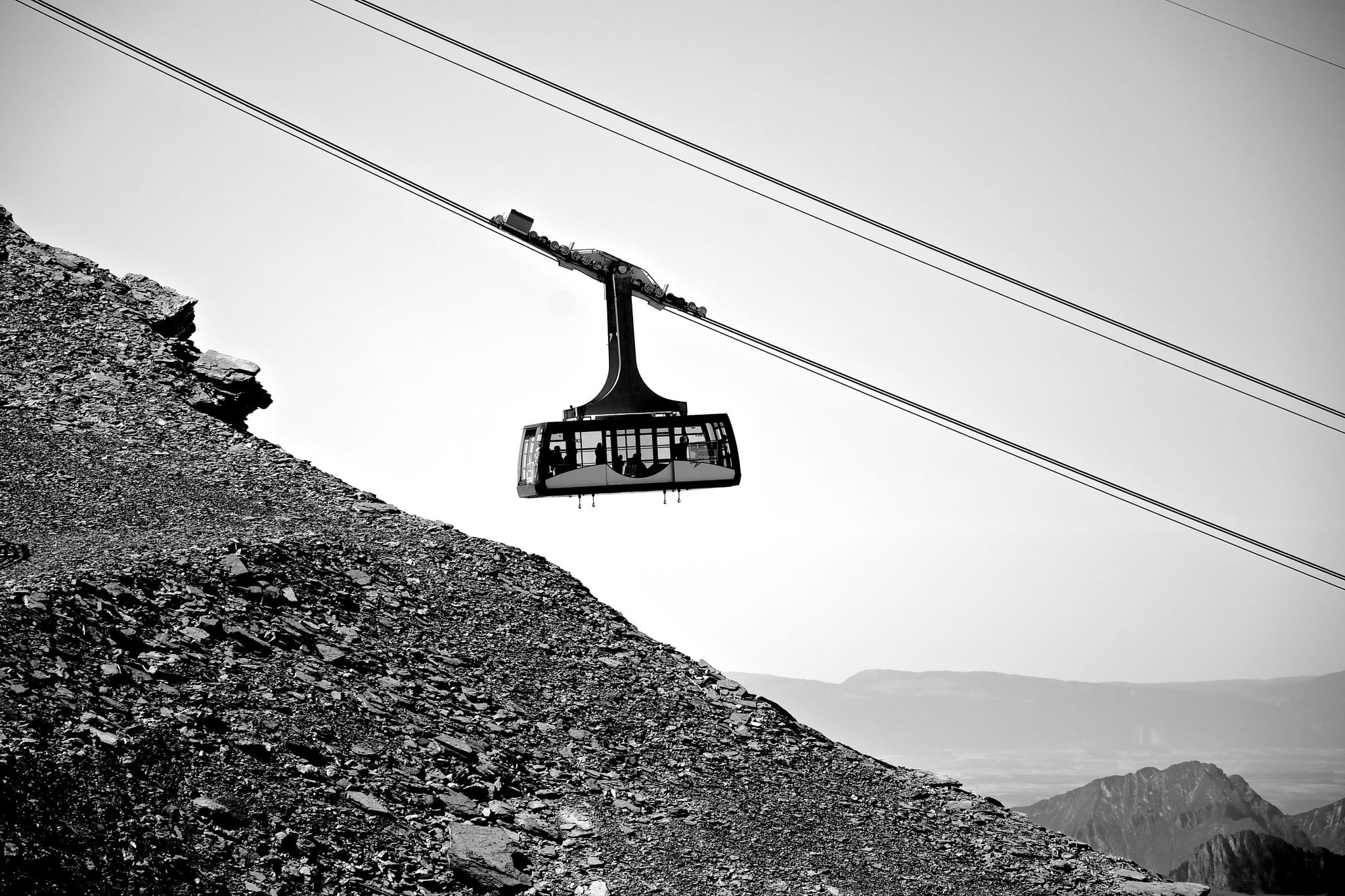 view, grey, low angle view, up, connection, sign, high, western script, hanging, lift, aerial passenger tramway, cliffs, black and white, transportation, HD Wallpaper