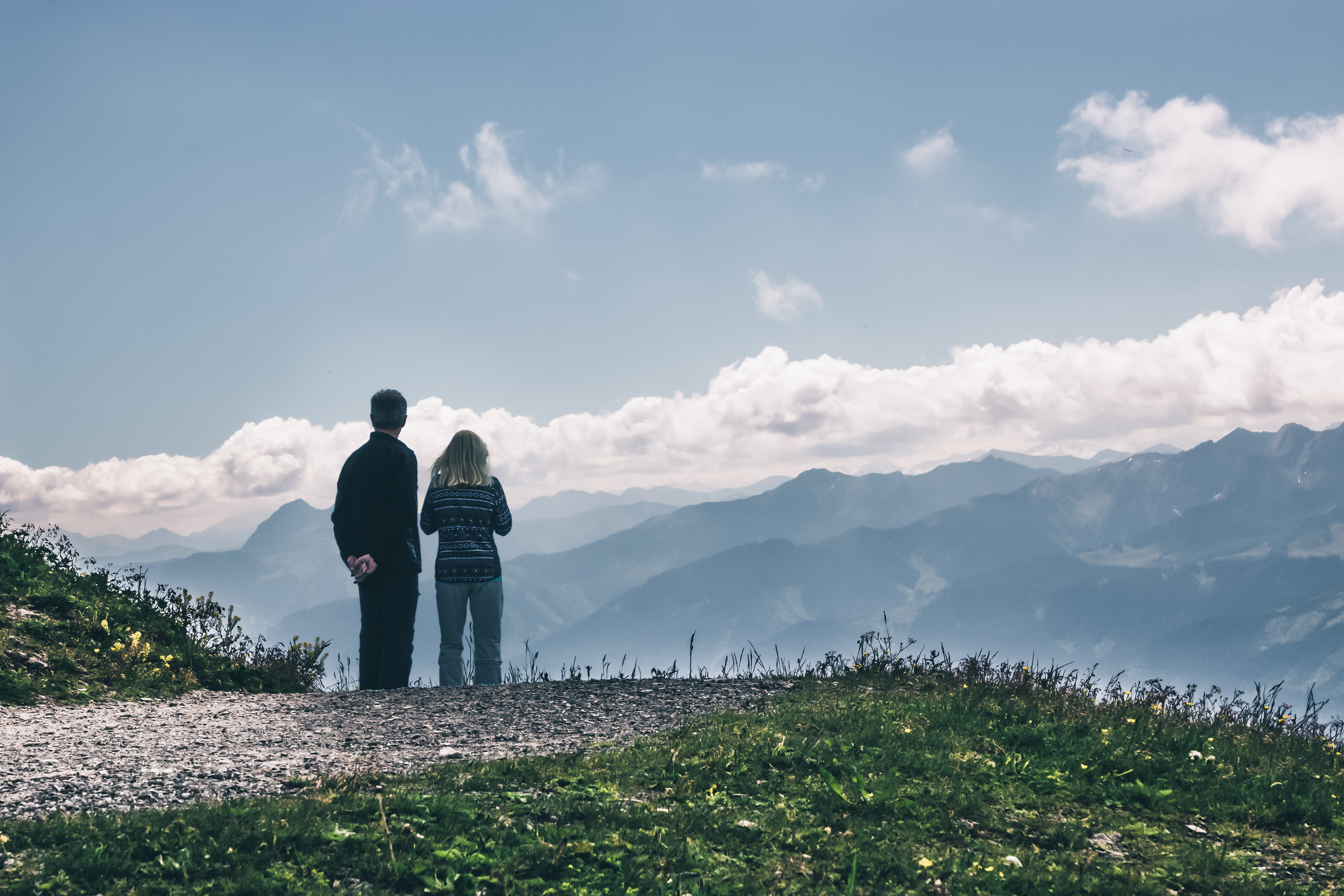 two people, forest, paragliding, full length, schmitten, lake, zell am see, togetherness, glacier, schmittenhöhebahn top station 2000m, looking at view, HD Wallpaper