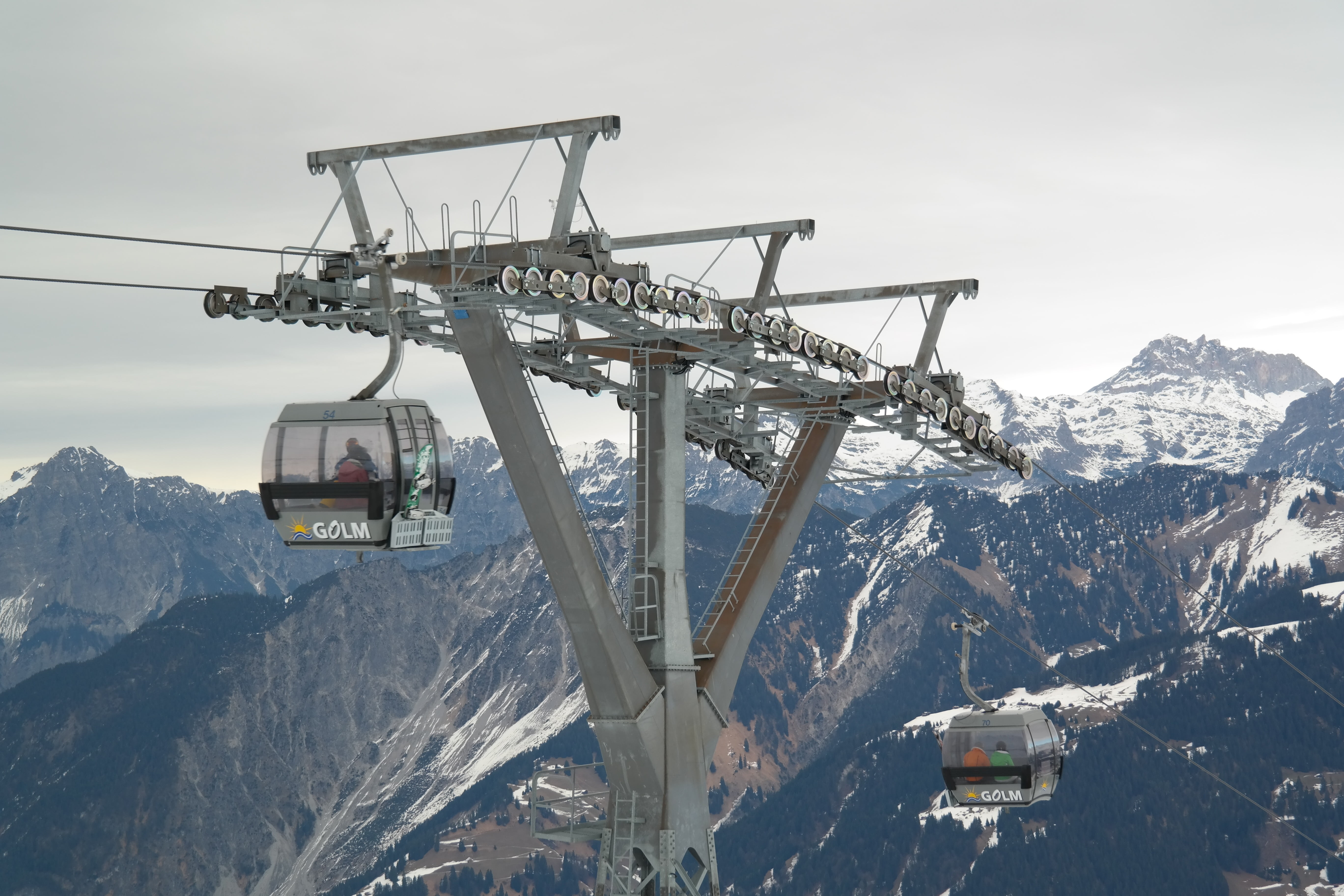snowcapped mountain, transportation, no people, industry, quarry, cableway masts, 5K, golm, machinery, mountain range, sky, gondola, day, overhead cable car, HD Wallpaper