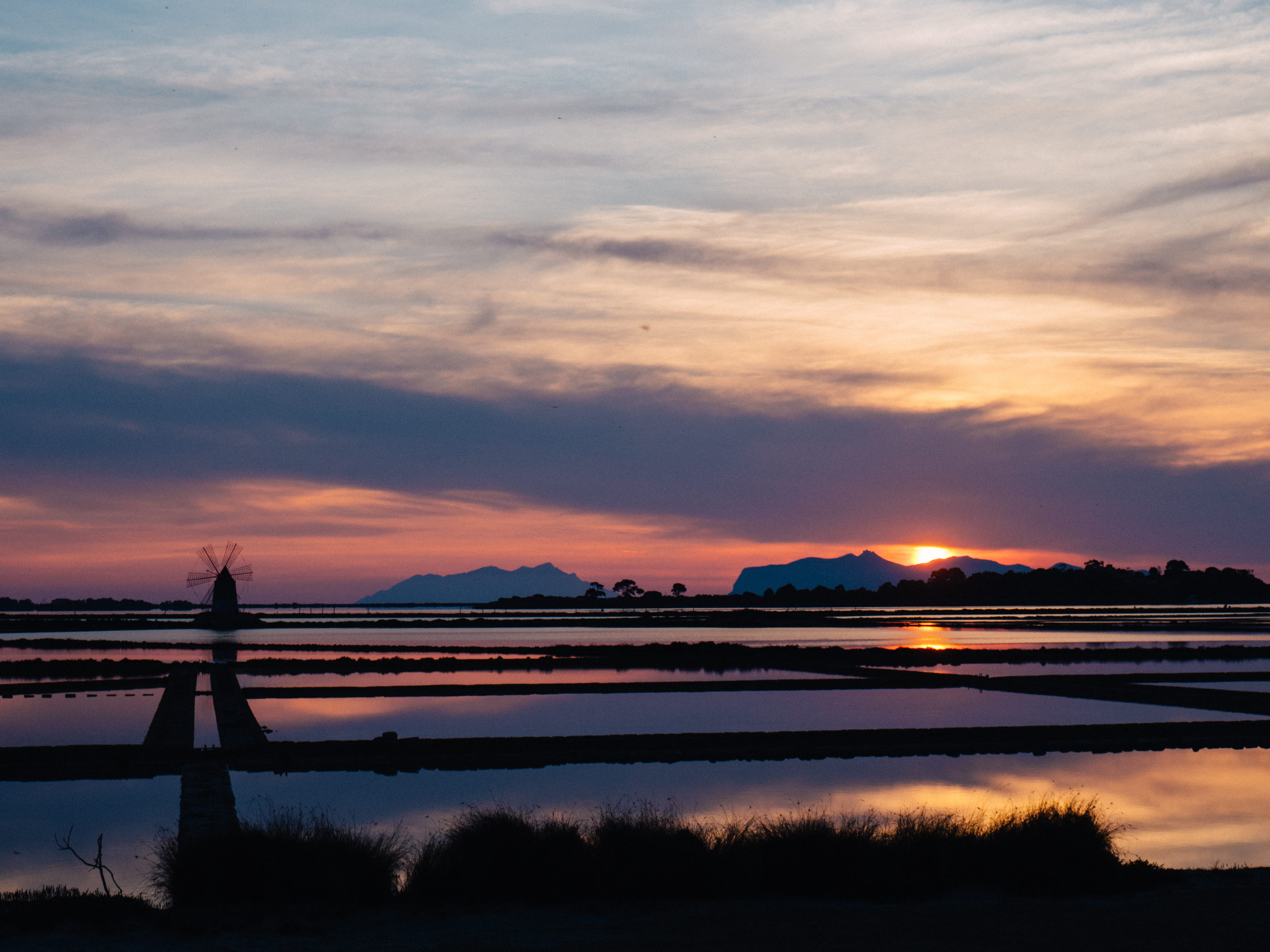 sea, cloud - sky, reflection, clouds, water, sicily, sunset, tranquility, outdoors, 4K, marsala, reflections, travel destinations, beauty in nature, architecture, HD Wallpaper
