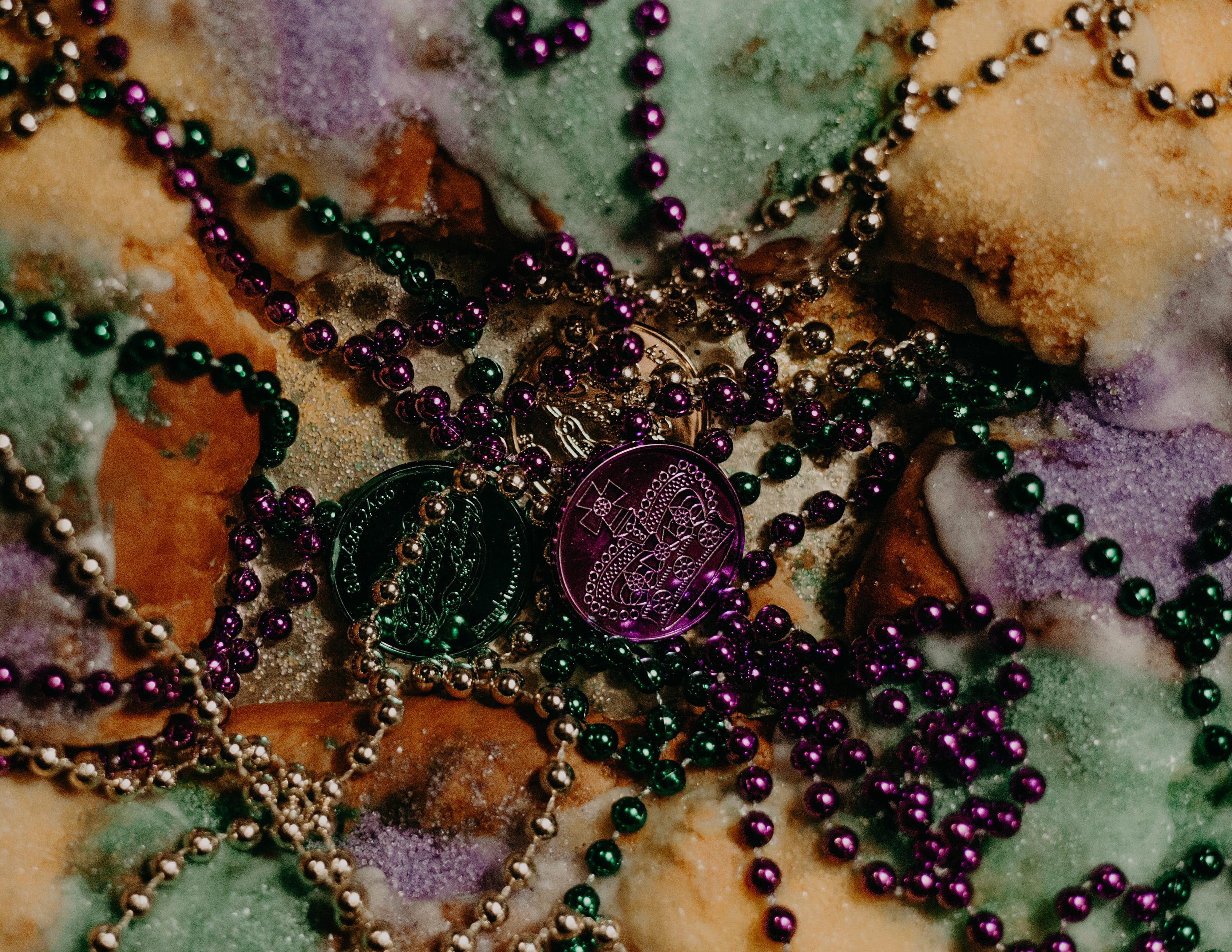 full frame, jewelry, indoors, no people, louisiana, food, shiny, sweet food, sweet, backgrounds, united states, king cake, coins, dessert, food and drink, HD Wallpaper