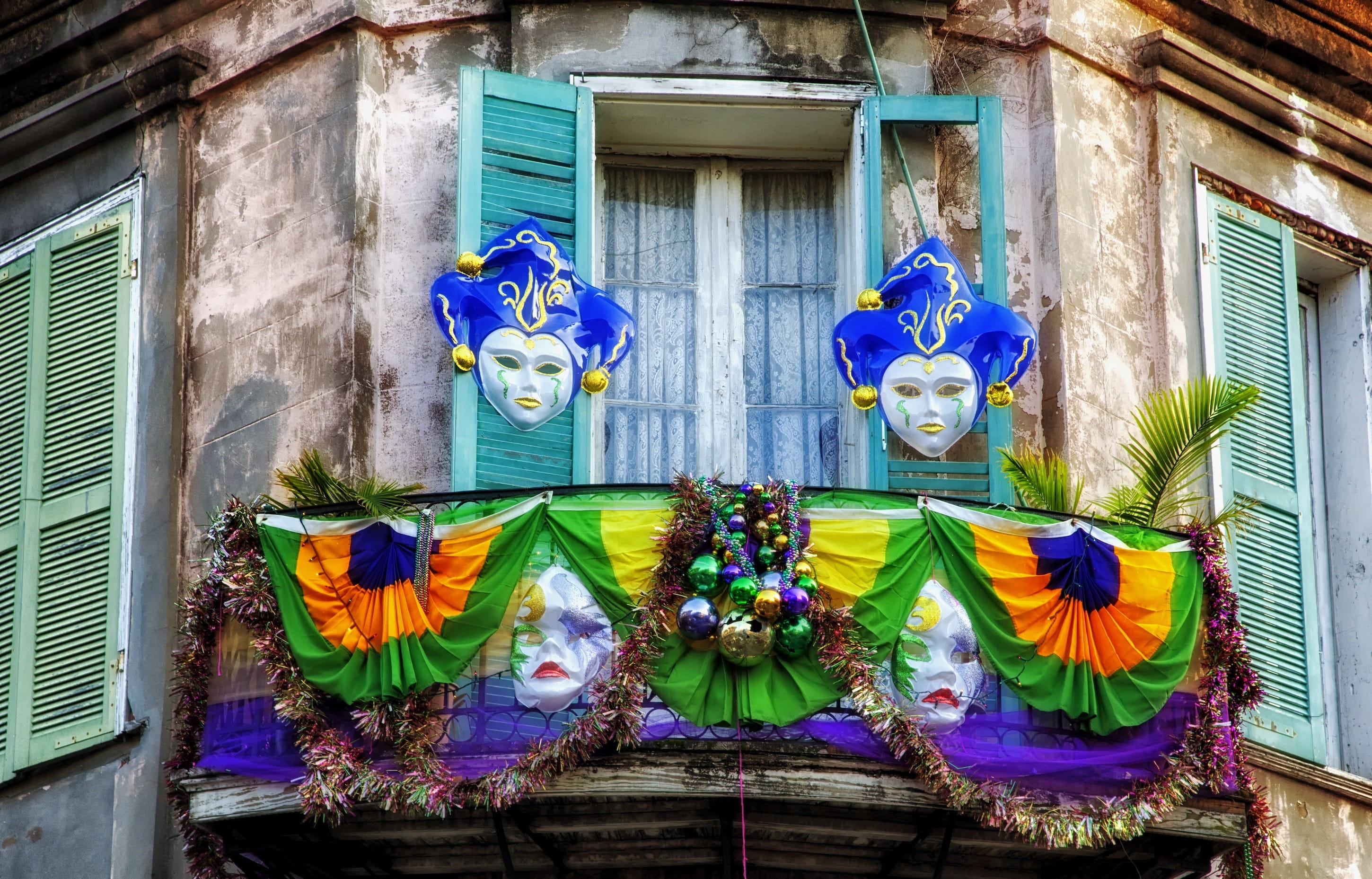 window, frame, curtain, orange and blue, architecture, handrail, details, built structure, louisiana, day, no people, creativity, craft, urban, french quarter, HD Wallpaper