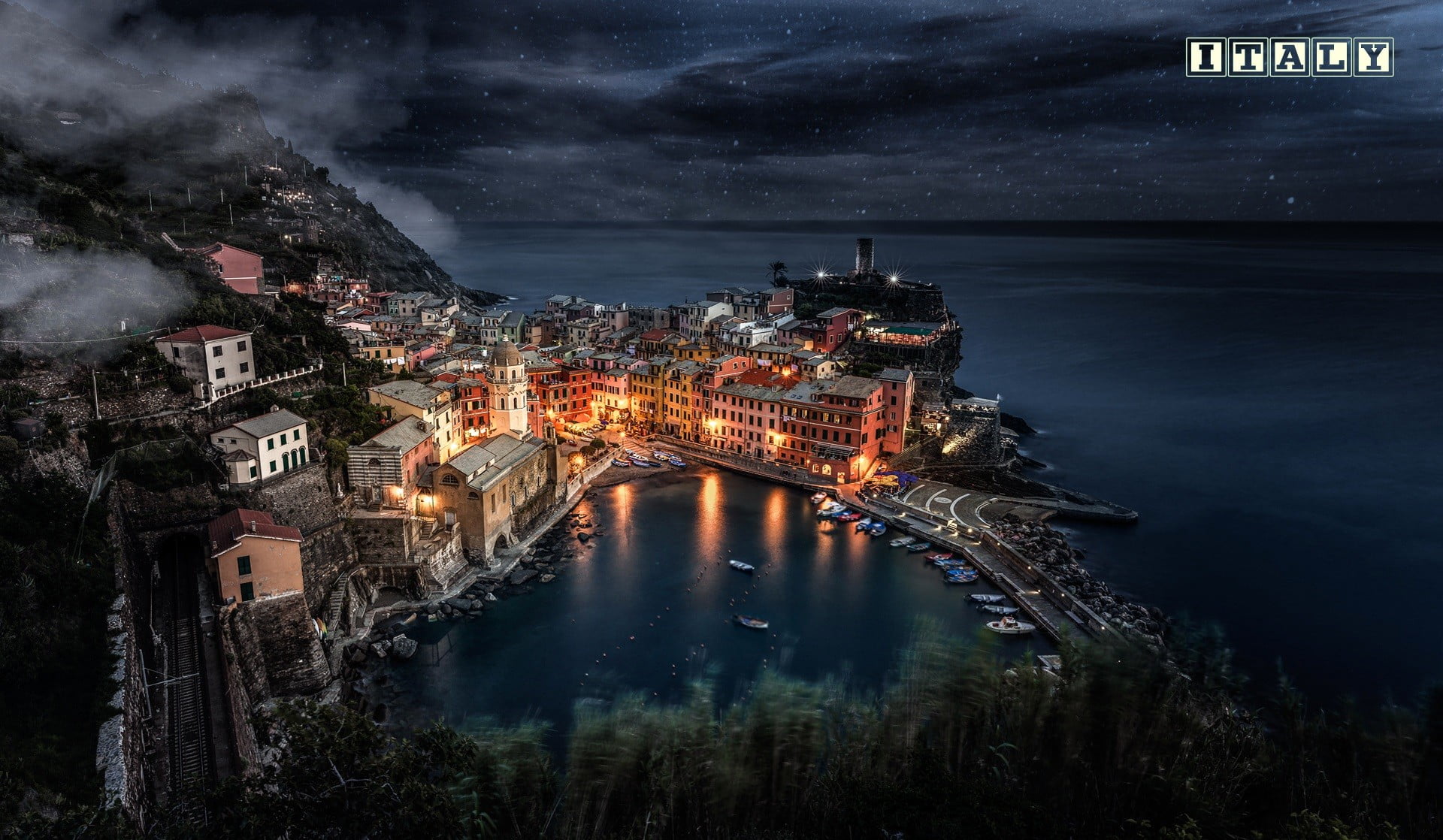 built structure, travel destinations, residential district, Vernazza, dusk, illuminated, lights, architecture, river, 1080P, building, Italy, sky, city, HD Wallpaper