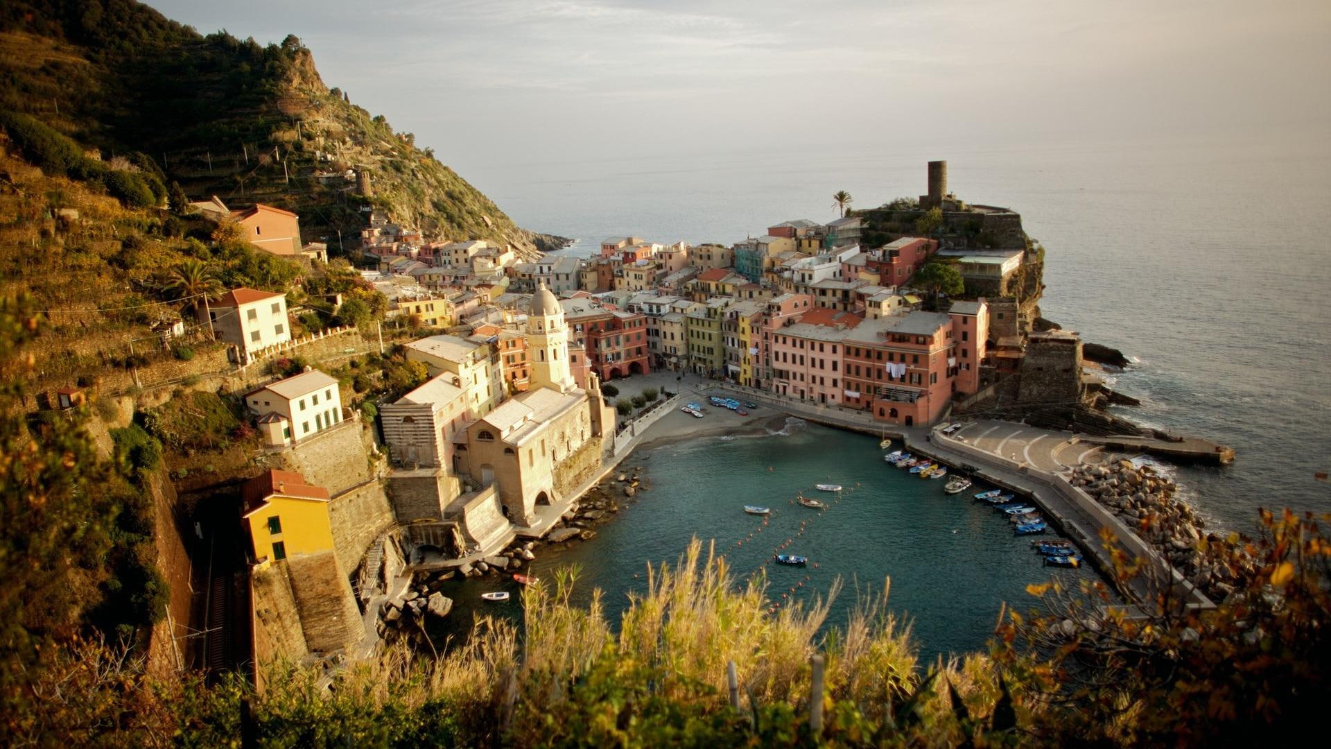nature and landscapes, coasr, italy, vernazza, harbor, town, 1080P, cliff, HD Wallpaper