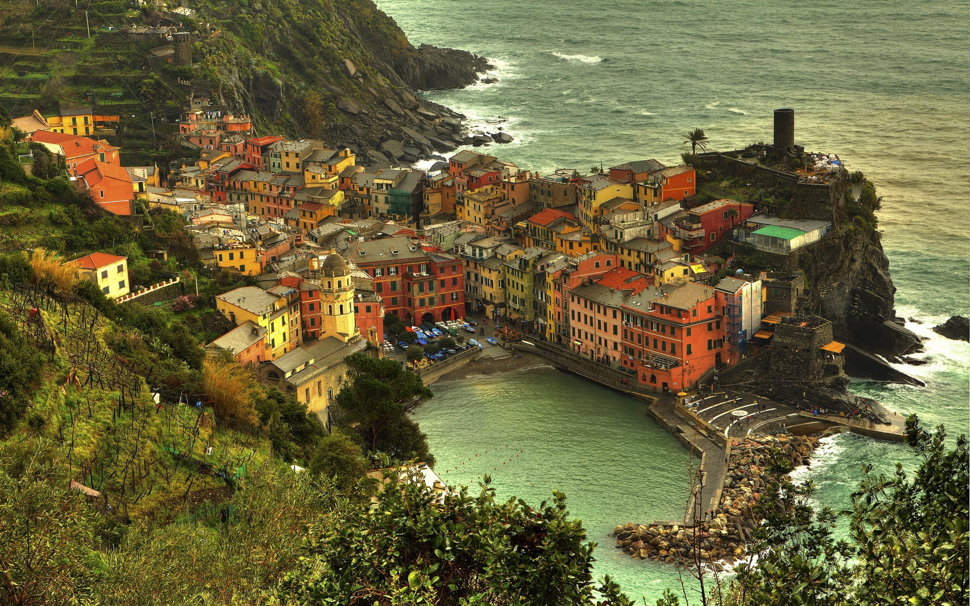 cultures, color, architecture, scenics - nature, high, manarola, cliff, plant, landscape, water, assorted, town, journey, cityscape, blue, day, rise, history, HD Wallpaper