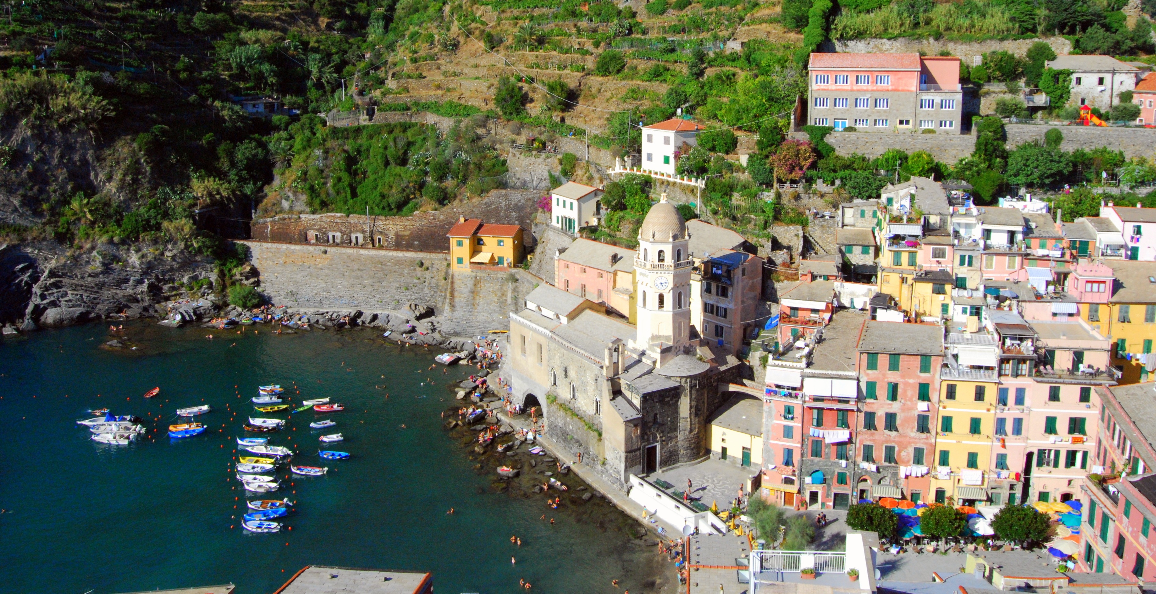 summer, green, town, sea, mode of transportation, boats, group of people, incidental people, liguria, cultures, landscape, vacations, house, cityscape, HD Wallpaper
