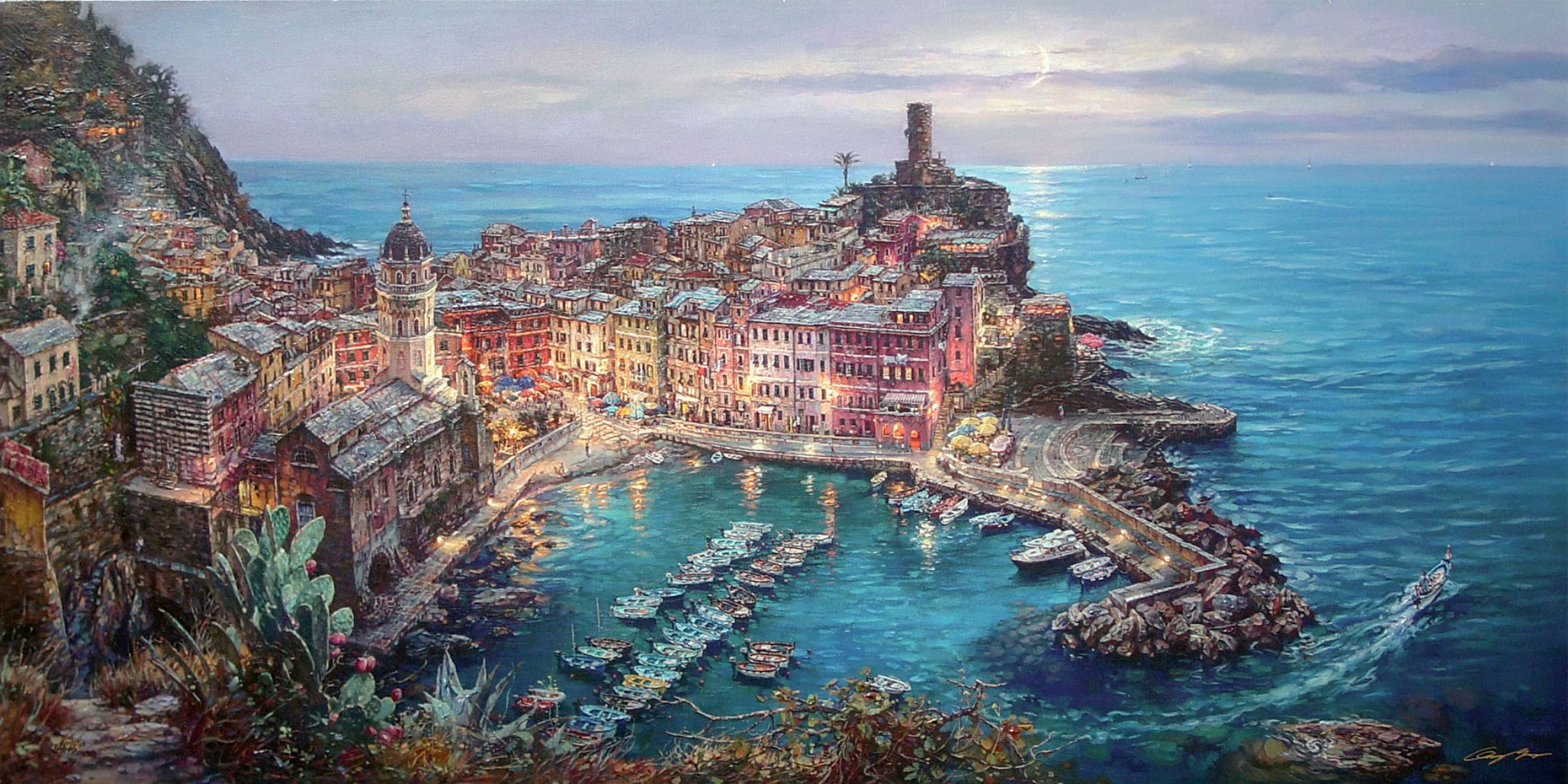 Italy, home, Cathedral, painting, pier, Cao Yong, the city, boats, moonlight, 1080P, The Mediterranean sea, Moonlight in Vernazza, Vernazza, HD Wallpaper
