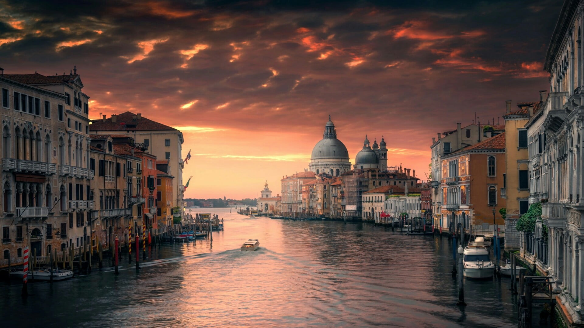 1080P, nautical vessel, basilica santa maria della salute, grand canal, no people, venice, canal, architecture, italy, orange color, building exterior, HD Wallpaper