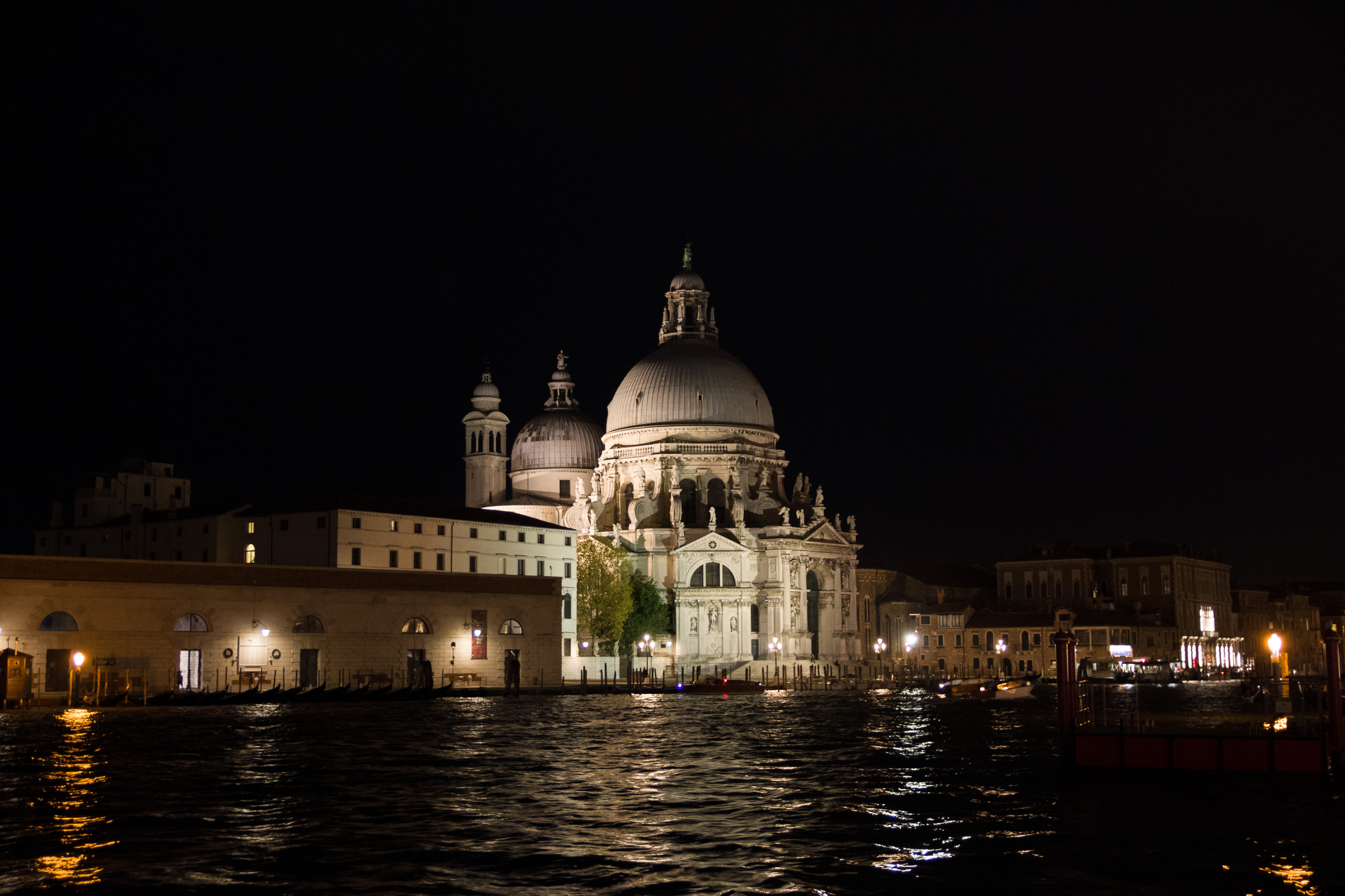 spotlight, illuminated, belief, water, sky, channel, night photograph, building exterior, santa maria della salute, italy, no people, lagoon, building, HD Wallpaper