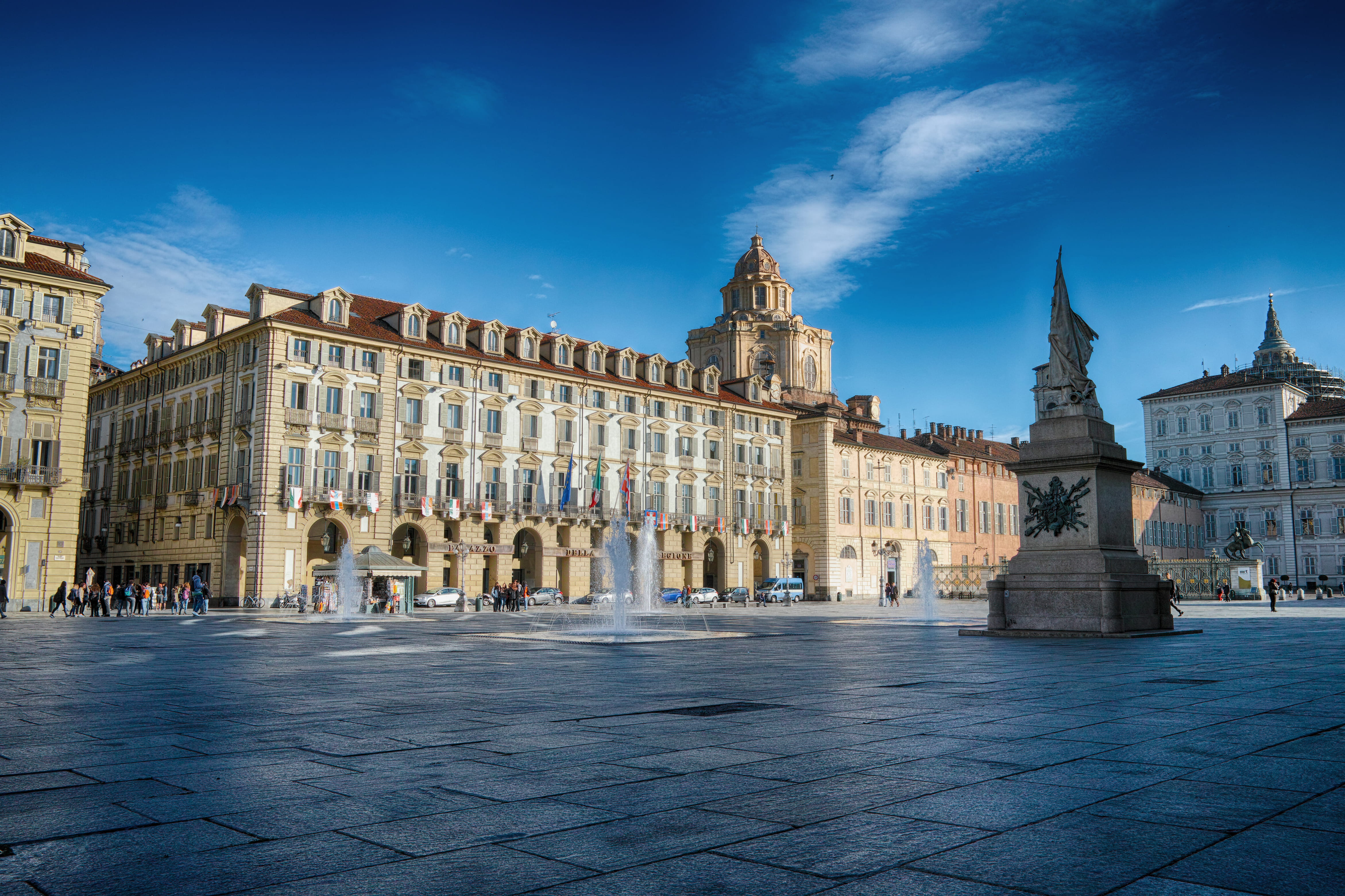 architecture, old, torino, tourism, government, town square, fountain, 4K, city, the past, sky, nature, old town, town, castello, water, building, history, HD Wallpaper