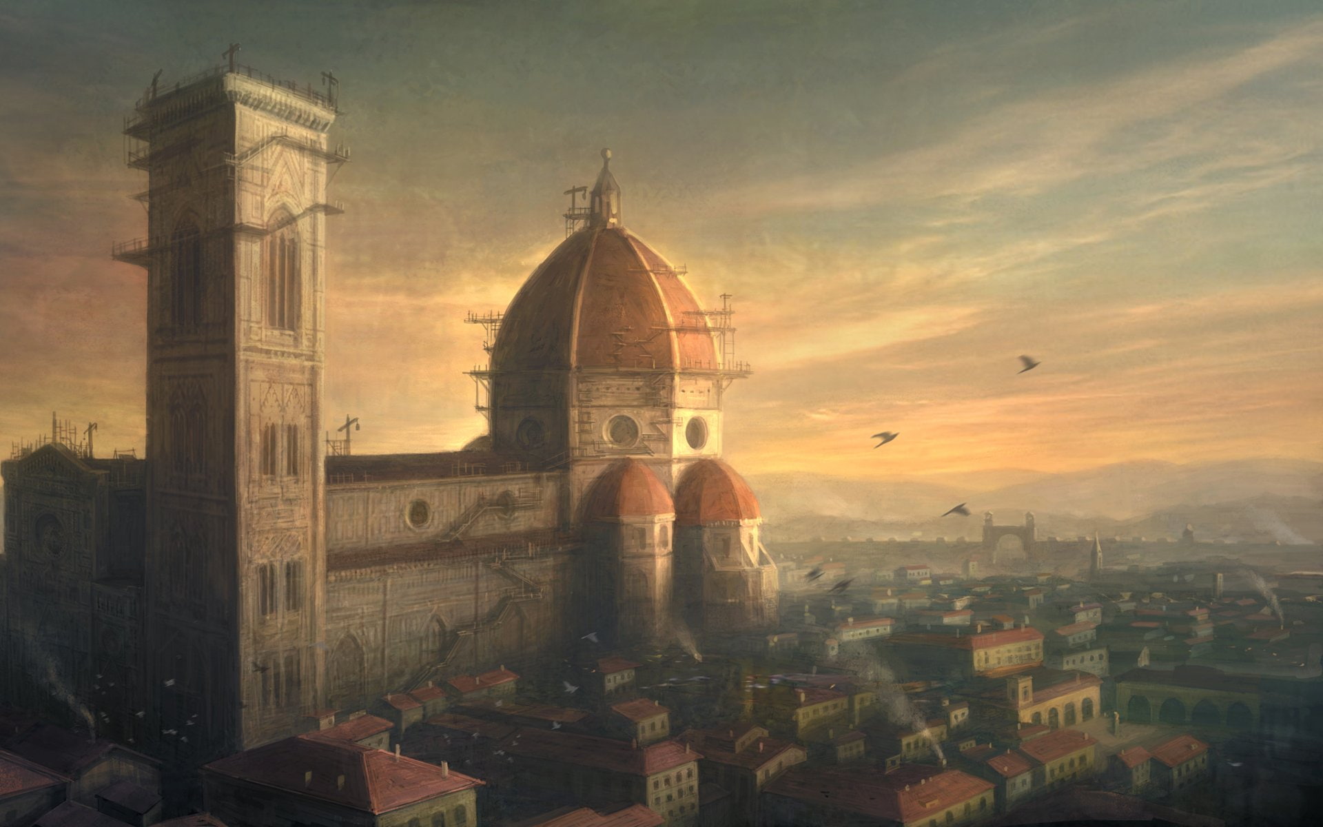 basilica, 1080P, assassins, creed, giottos, florence, flower, campanile, saint, mary, cityscapes, artwork, HD Wallpaper
