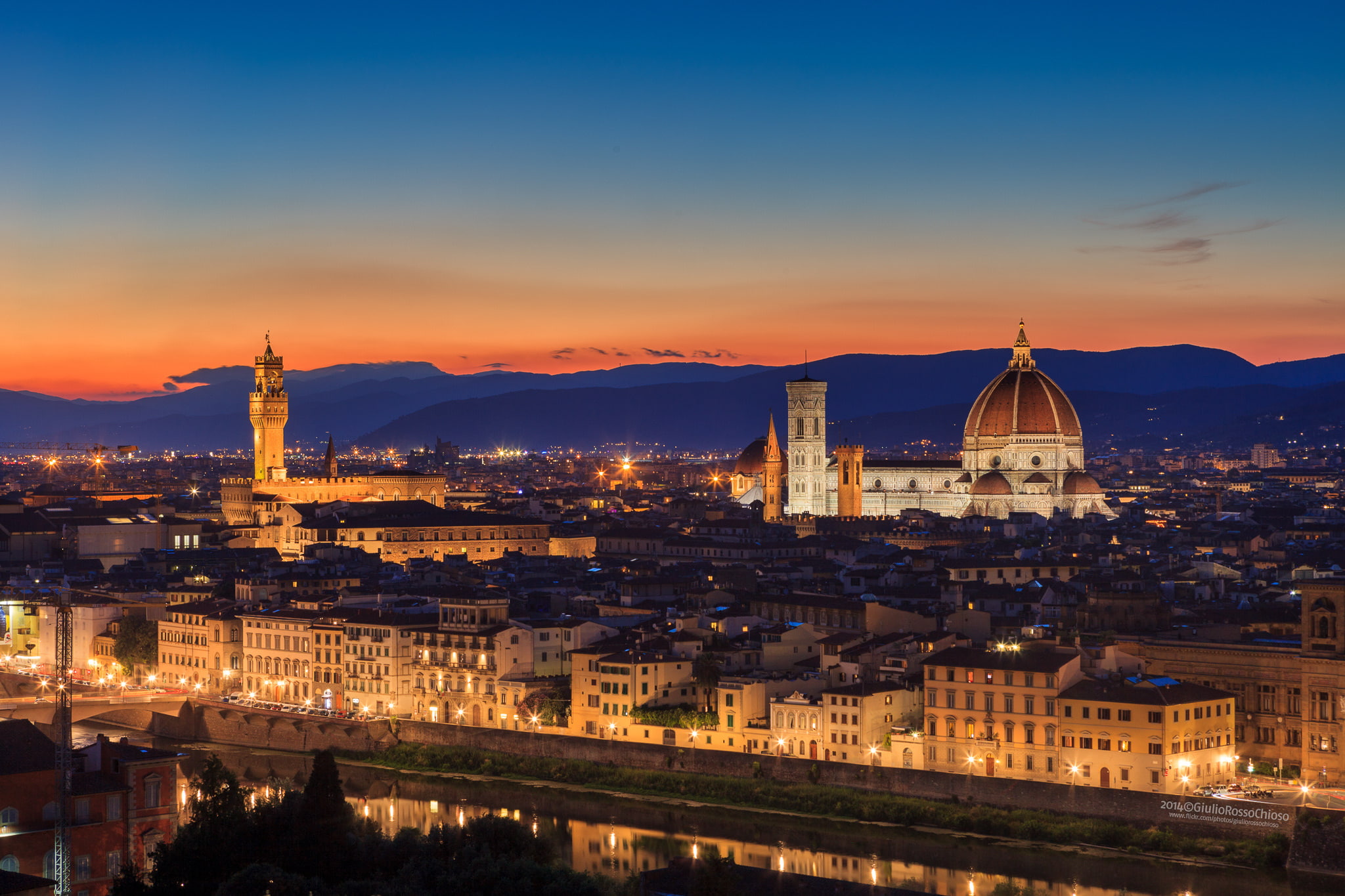 the city, Toscana, 1080P, the evening, Palazzo Vecchio, sunset, Italy, birdseye, Florence, architecture, Santa Maria del Fiore, lighting, Cathedral, Firenze, HD Wallpaper