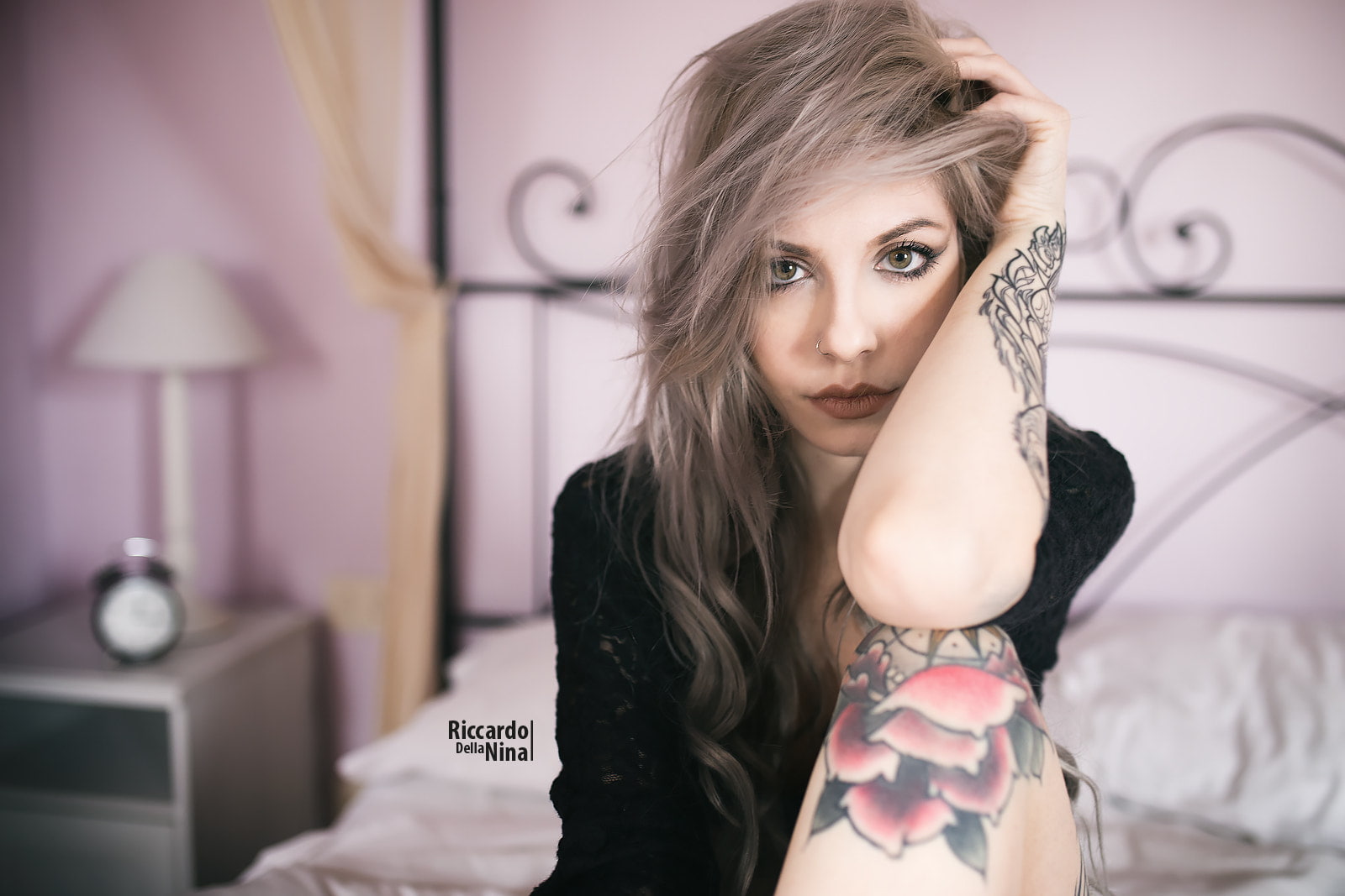 720P, long hair, tattoo, portrait, black clothing, brunette, face, green eyes, women, pierced nose, Riccardo Della Nina, bokeh, pale, HD Wallpaper