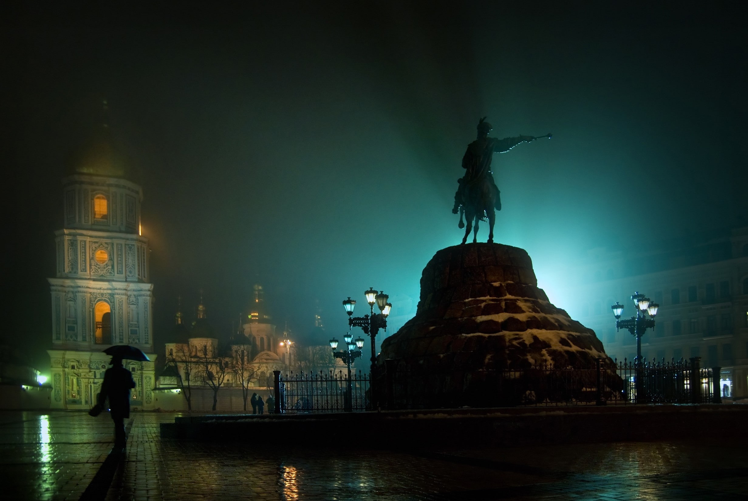 Bogdan khmelnitsky, illuminated, 1080P, Bell tower, male likeness, the past, Sofia, nature, building exterior, Area, travel destinations, sculpture, Monastery, HD Wallpaper
