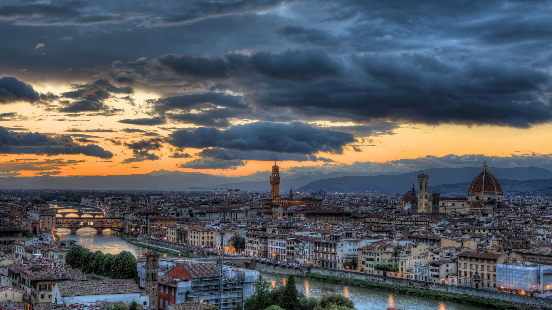 architecture, sunset, Gothic architecture, city, Italy, Florence, clouds, cityscape, river, 1080P, Florence Cathedral, HD Wallpaper