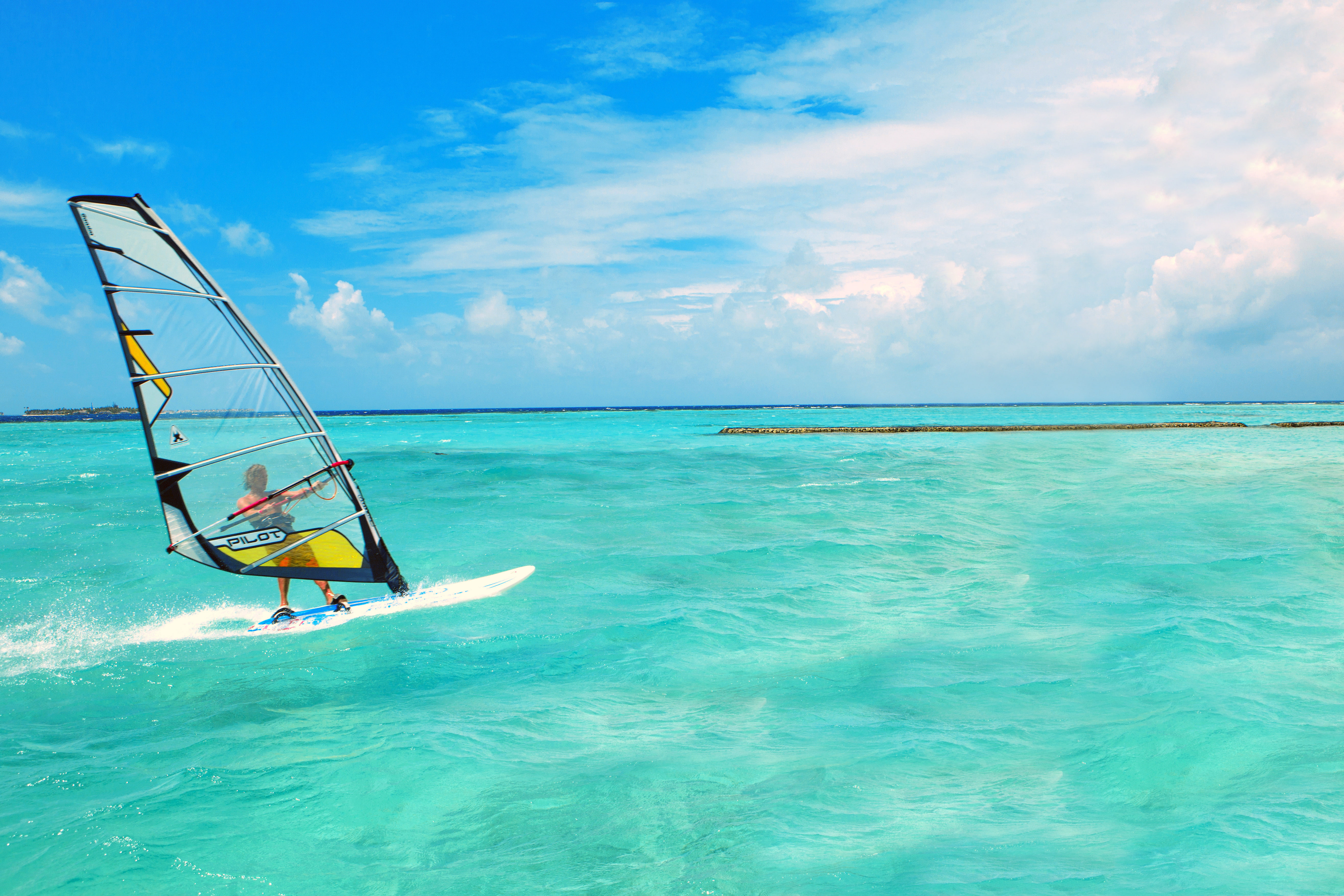 5K, board, surfing, surf, sky, horizon, sea, clouds, windsurfing, HD Wallpaper