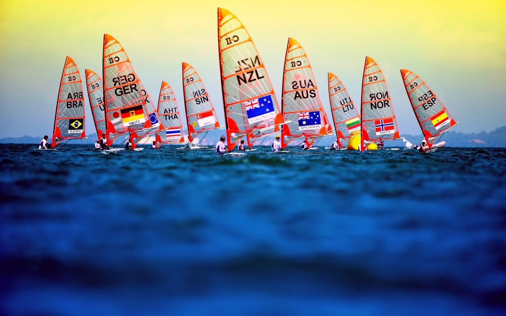 red, 1080P, windsurfing, boats, sports, sailing, yellow, white, HD Wallpaper