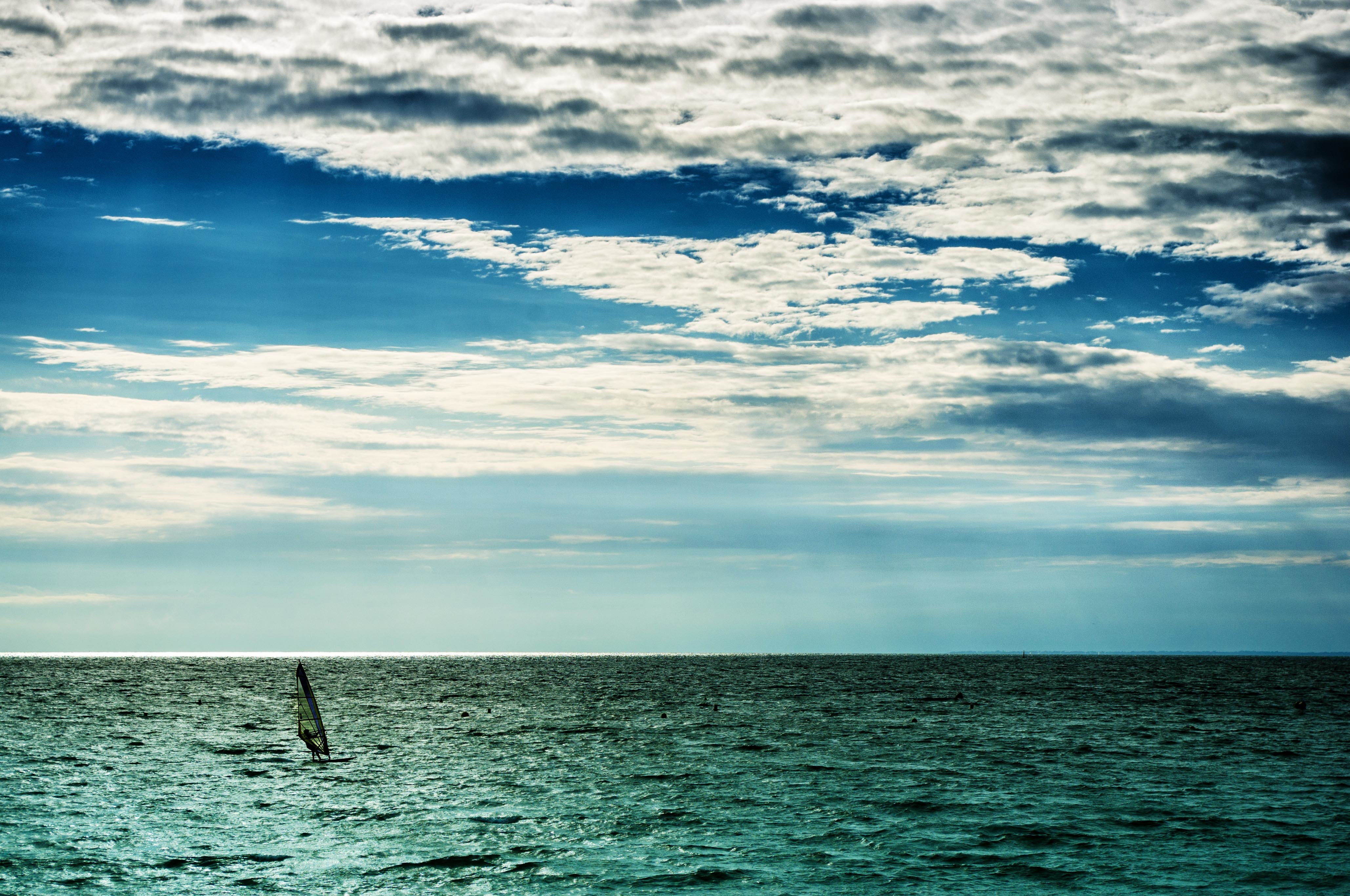 the sky, the wind, 4K, clouds, sea, extreme sports, horizon, Windsurfing, HD Wallpaper
