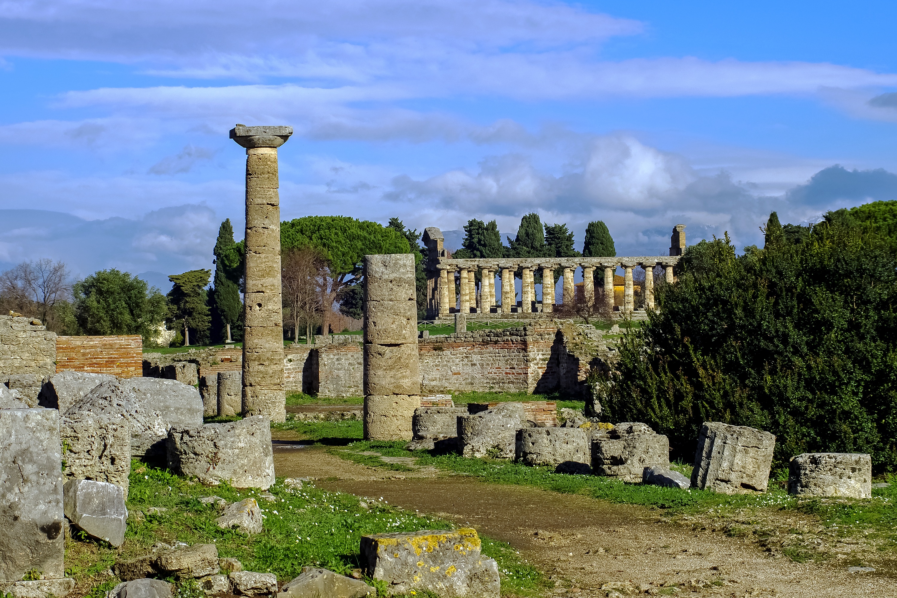 sky, stone Material, salerno, archaeology, built structure, doric style, building exterior, nature, magna grecia, via sacra, architecture, old, italy, ancient history, HD Wallpaper