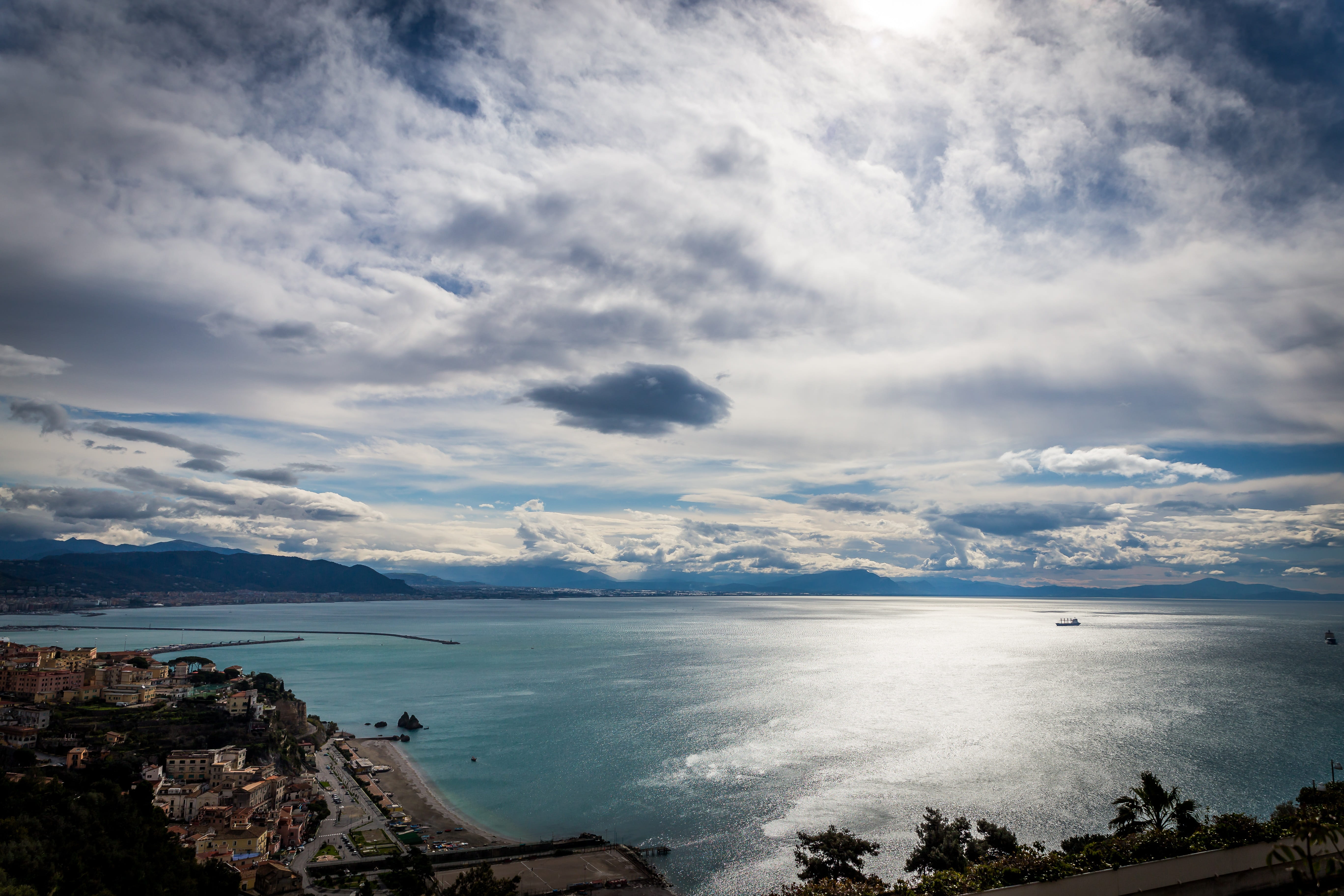 europe, tranquil scene, cloud - sky, village, travel, ocean, boat, mediterranean, italian, bay, coast, blue, campania, landscape, sun, Beach, tourism, day, HD Wallpaper