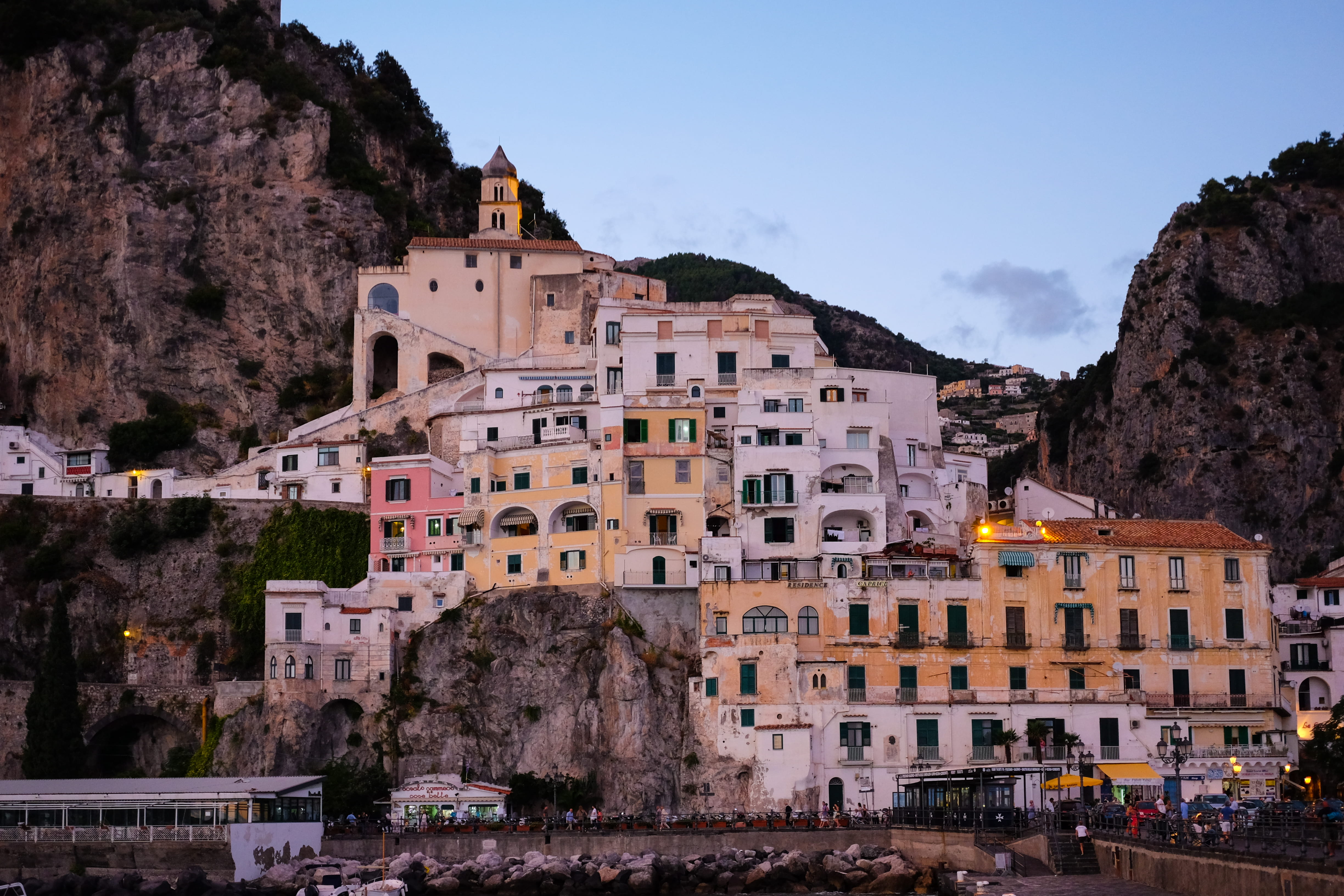 outdoors, nature, water, building, motorcycle, day, built structure, building exterior, amalfi, mountain, residential district, city, brown, travel, positano, HD Wallpaper