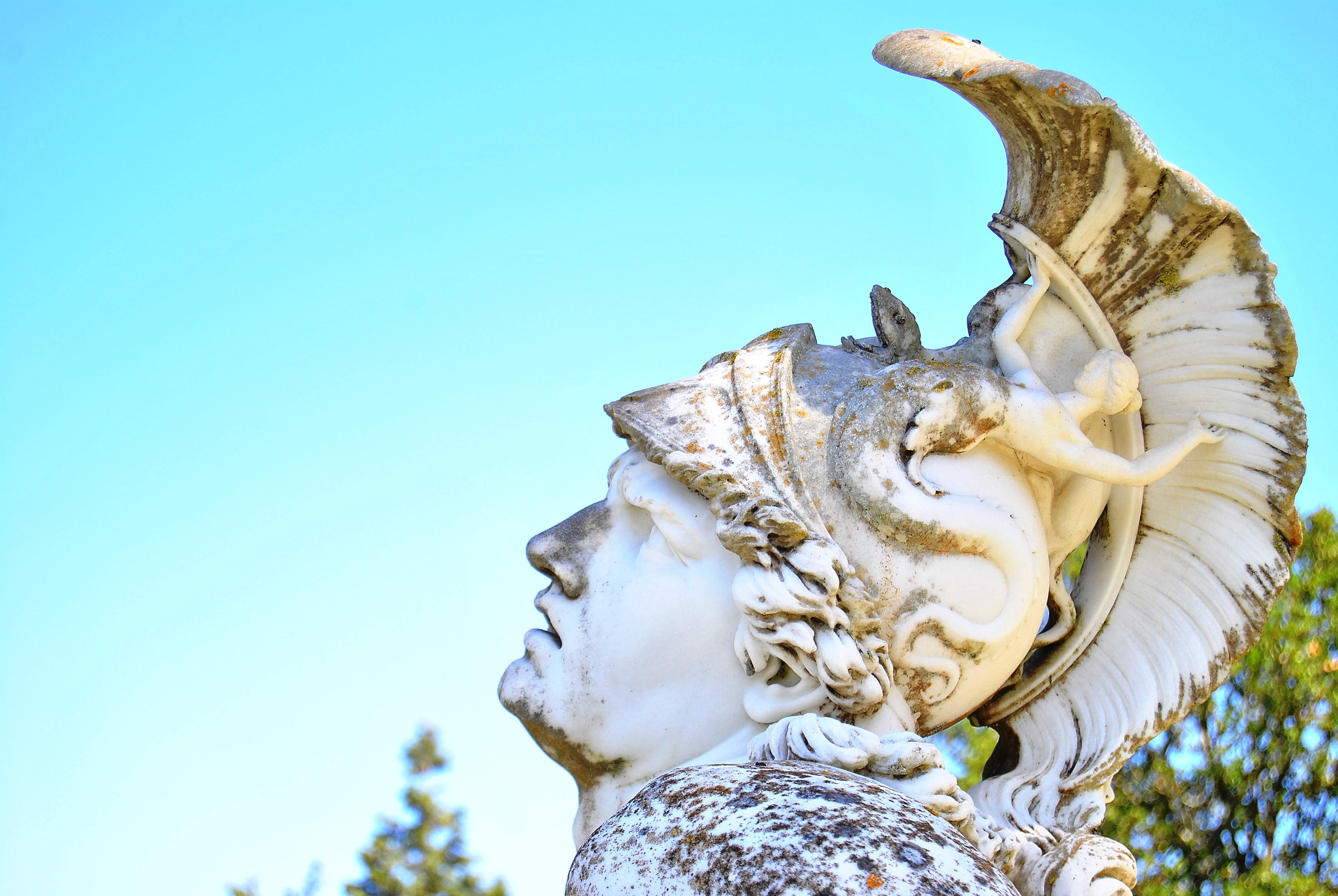 achil, achilles, craft, sunlight, spartan, closeup, ancient, blue, sky, copy space, angel, hellenistic, ornate, statue, male likeness, day, classicism, HD Wallpaper