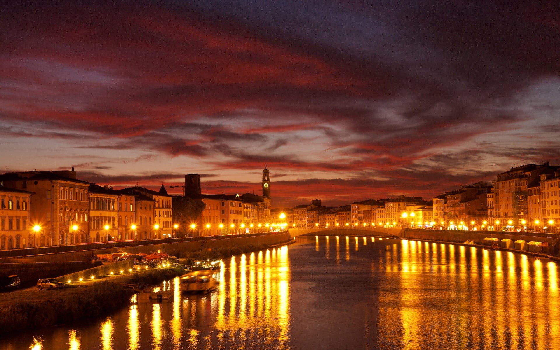 illuminated, city, europe, city lights, sky, outdoors, canal, nature, dusk, arno River, sunset, travel, history, twilight, italy, river, building Exterior, HD Wallpaper