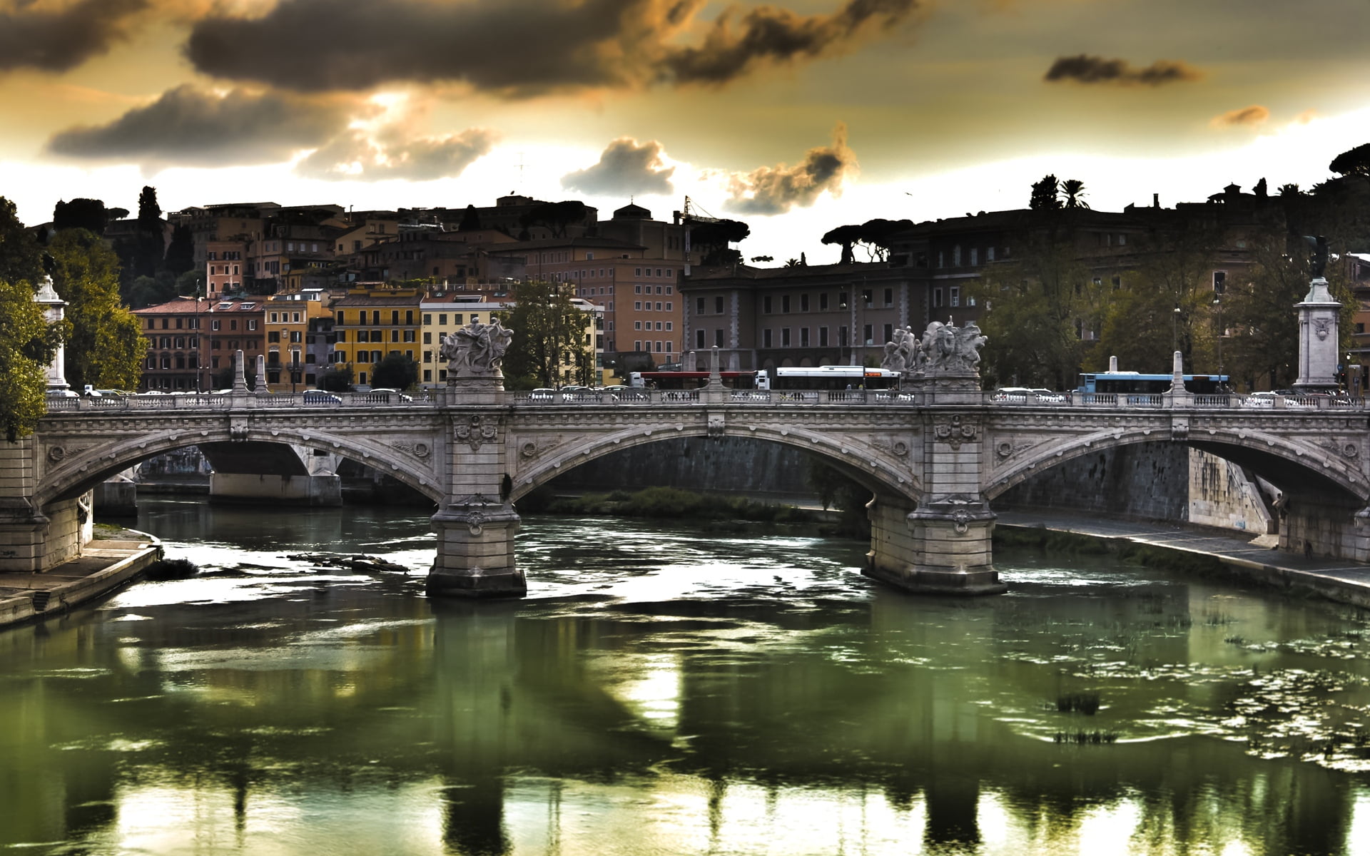dusk, connection, panoramic, built Structure, sky blue, famous Place, arch, bridge, arch bridge, cityscape, waterfront, tiber River, travel Destinations, HD Wallpaper