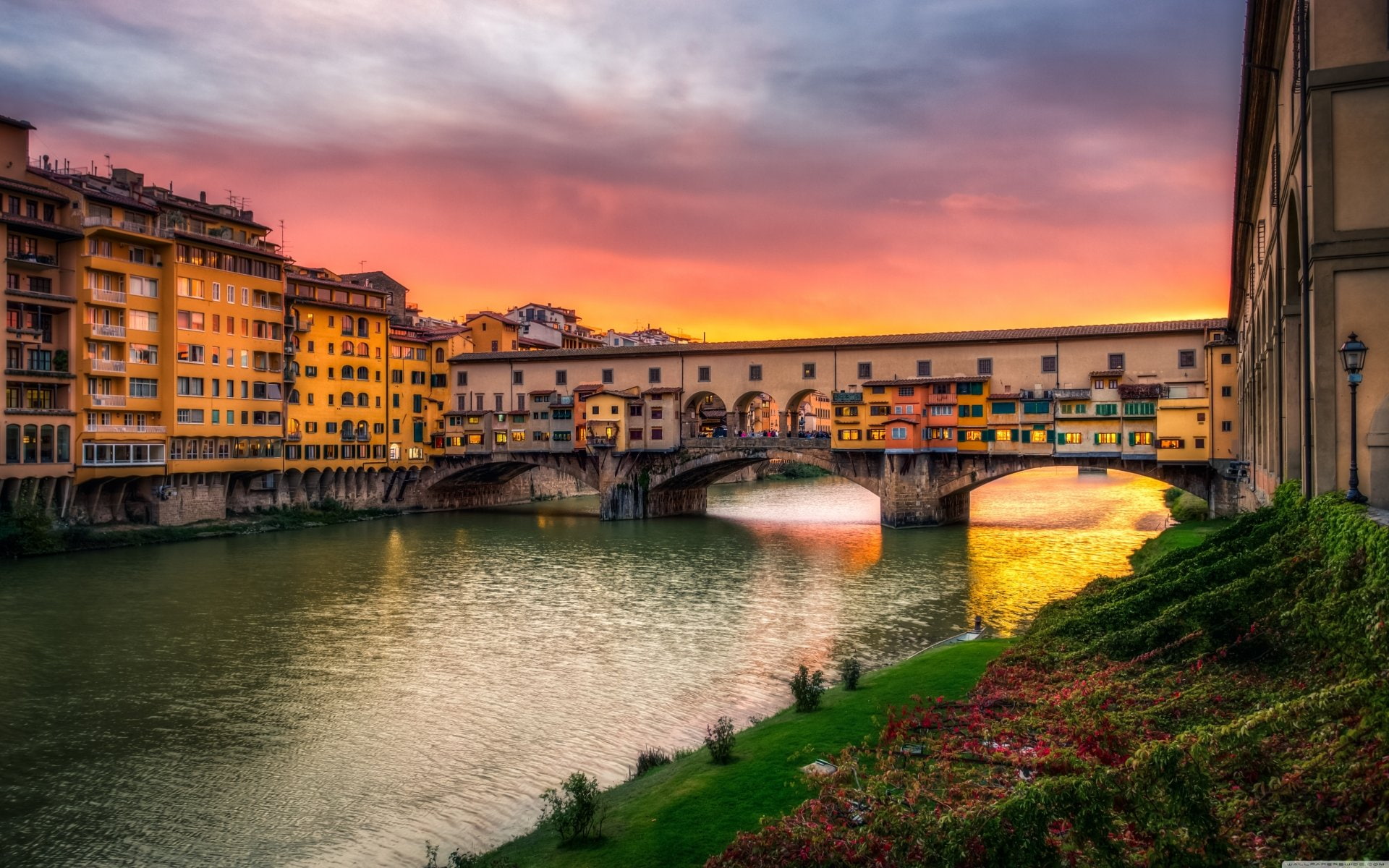 Ponte Vecchio, Bridges, Canal, Italy, Man Made, 1080P, Sunset, Bridge, Florence, HD Wallpaper