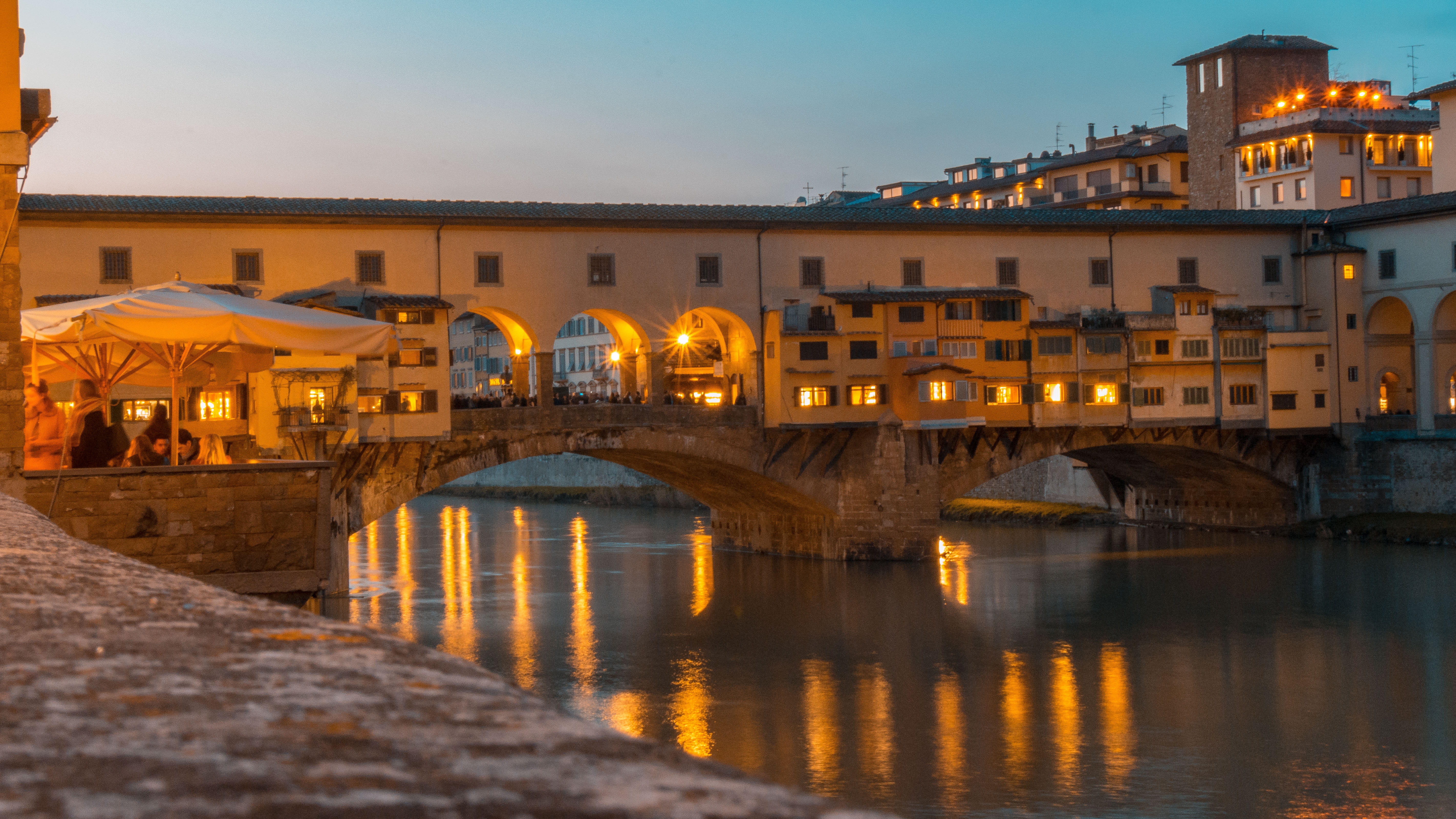 outdoors, built structure, night, dusk, firenze, city, arch bridge, ponte vecchio, bridge, illuminated, river, connection, water, architecture, transportation, HD Wallpaper